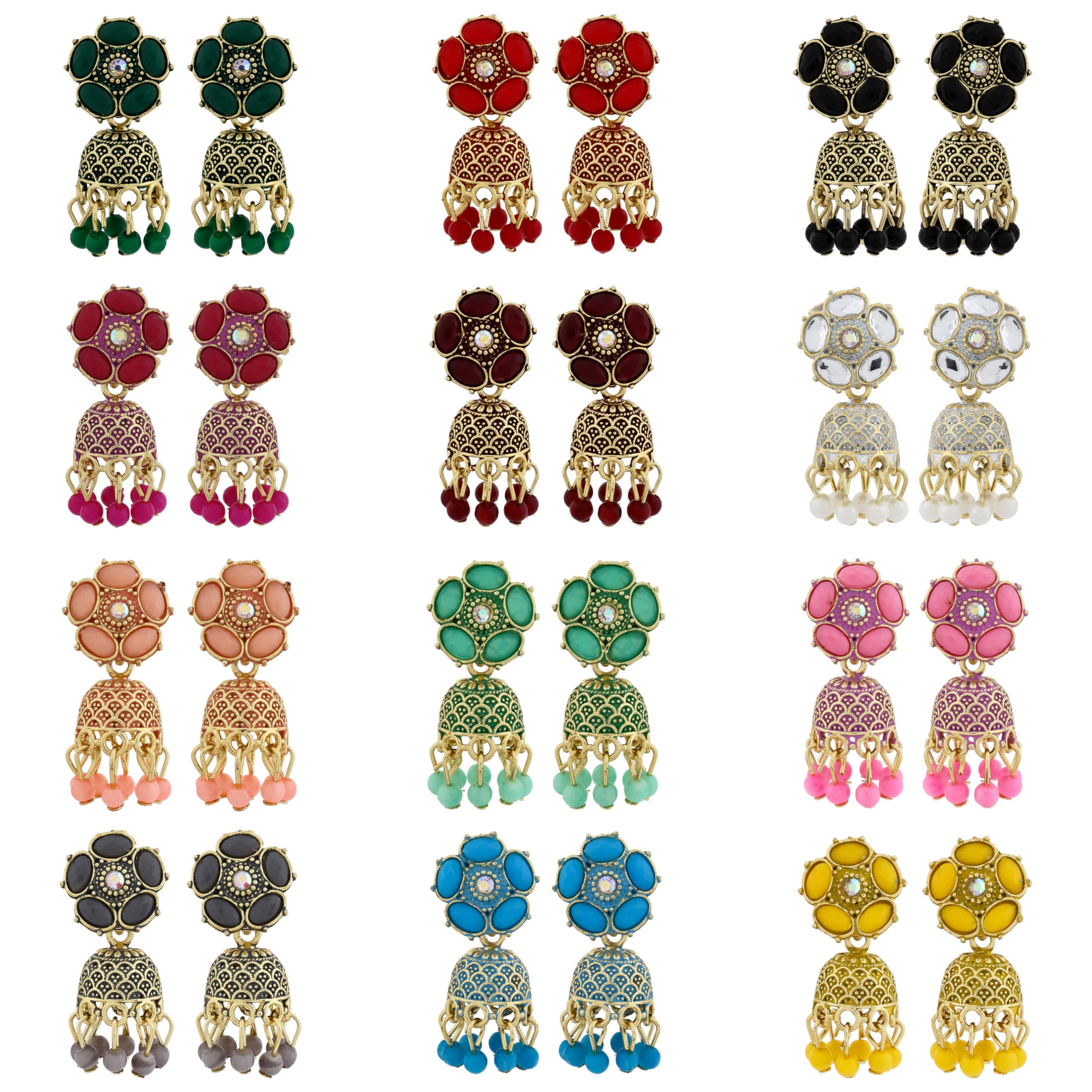 Traditional Jhumka meenakari oxidised kundans flower Jhumka Earrings, Floral Design with Beaded Danglers, Multiple Colours Available-image-3