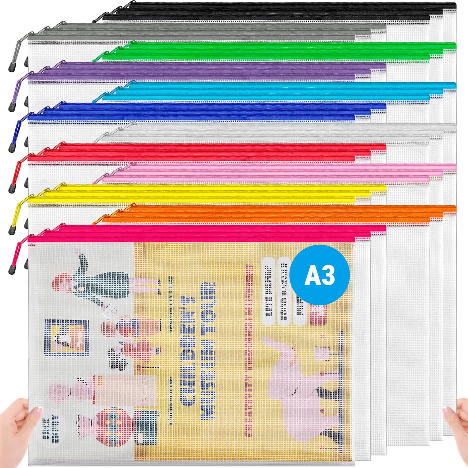  A3 Mesh Zipper Pouch, Extra Large Waterproof File Bags, 24 Pcs thumbnail