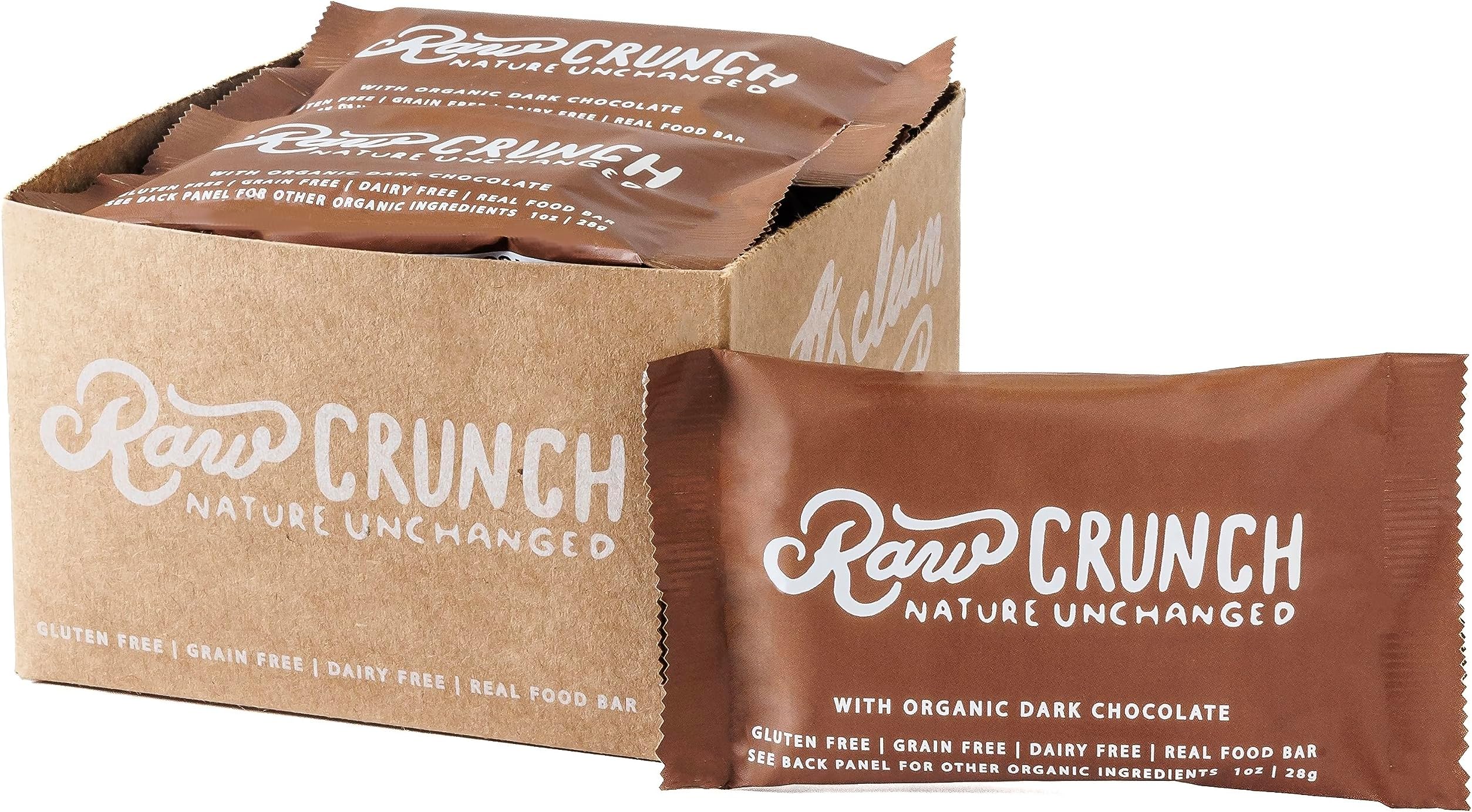 Raw Crunch Bar (Box of 12) - Organic Dark Chocolate - Gluten Free, Grain Free, Dairy Free, Low Carb, Low Sugar, Paleo, Plant Based Protein,150 Calorie Real Food Bar