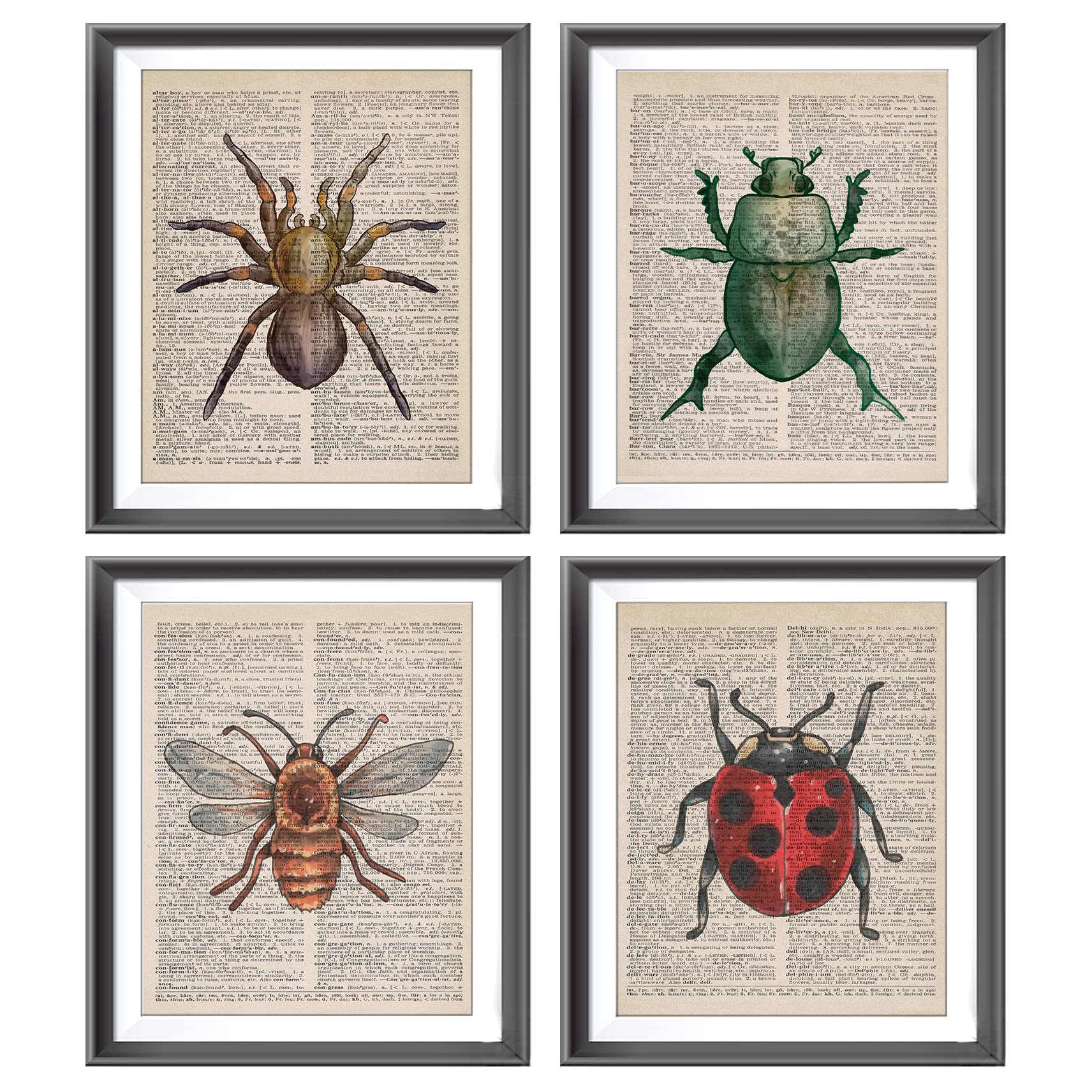 Vintage Honey Bee Spider Ladybug Beetle Dictionary Art Poster Prints for Home Kitchen Nursery Classroom Decor,Garden Forest Nature Insects Decorations Prints Wall Art Unframed 4pcs 8x10inches