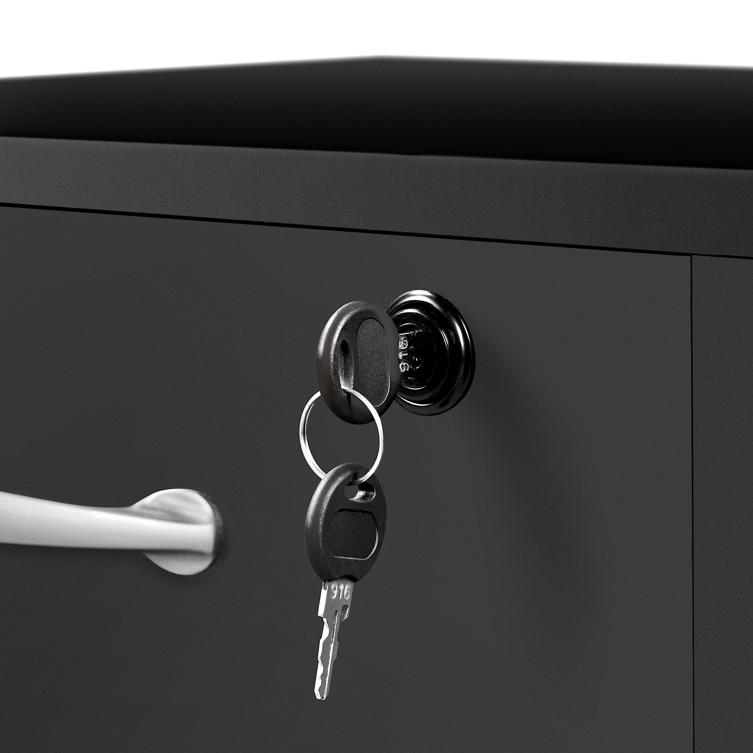 Abician Caisson de Bureau, Meuble Rangement de Dossiers avec 3 Tiroirs, 2 Compartiments Ouverts, 5 roulettes, Serrure, 80×40×65,5cm, pour Format A4, Documents, Lettres, Support d'imprimante Noir