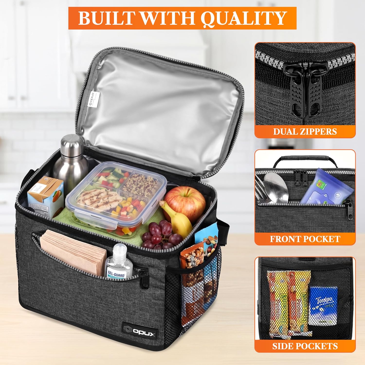 opux Insulated Lunch Bag for Men Women, Leakproof Large Lunch Box, Charcoal image 5