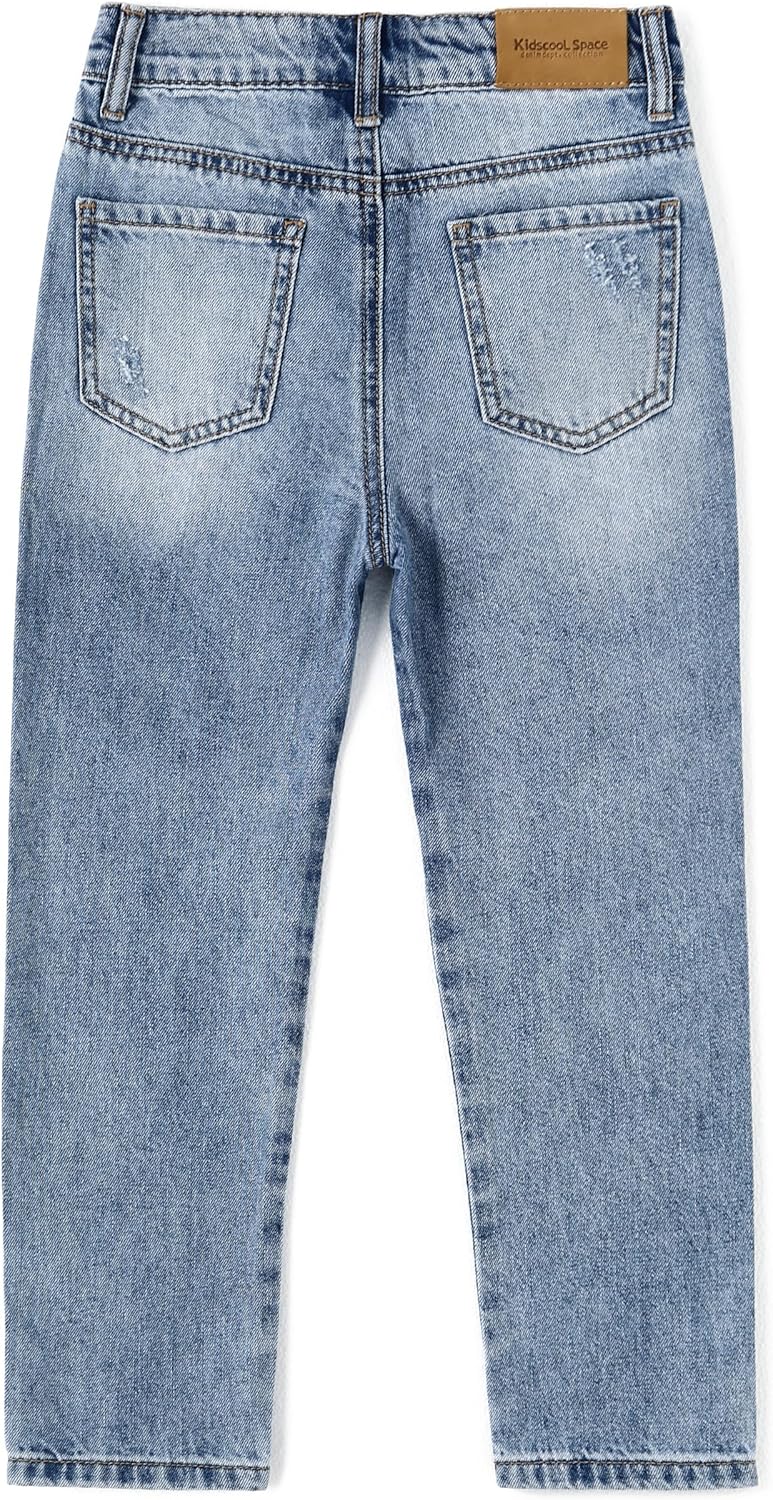 KIDSCOOL SPACE Baby Little Big Girls Jeans,Elastic Waistband Inside Ripped Holes Soft Denim Pants - Image 2