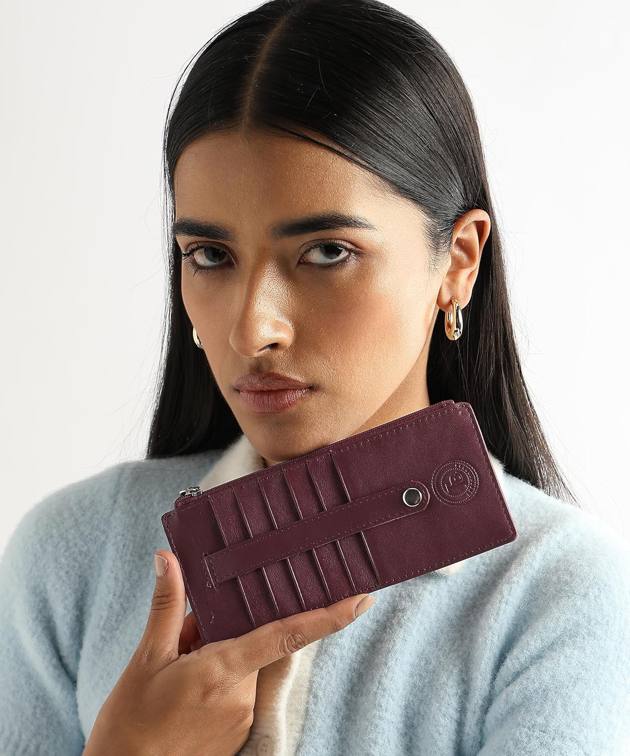 Leatherboss Genuine Leather Women's All in One Credit Business Card Case Holder Slim Zipper Wallet With a Card Protection Strap, Wine - Image 7