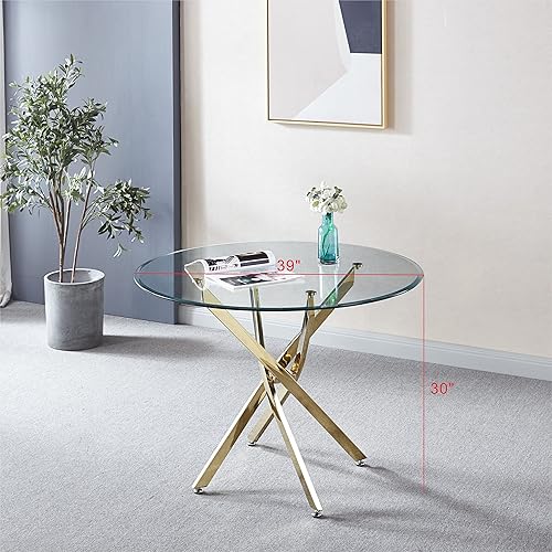 Miniatura 2 de SSLine Mesa de comedor de cristal para cocina, mesa redonda moderna con tapa de vidrio templado y patas doradas de acero inoxidable con diseño X