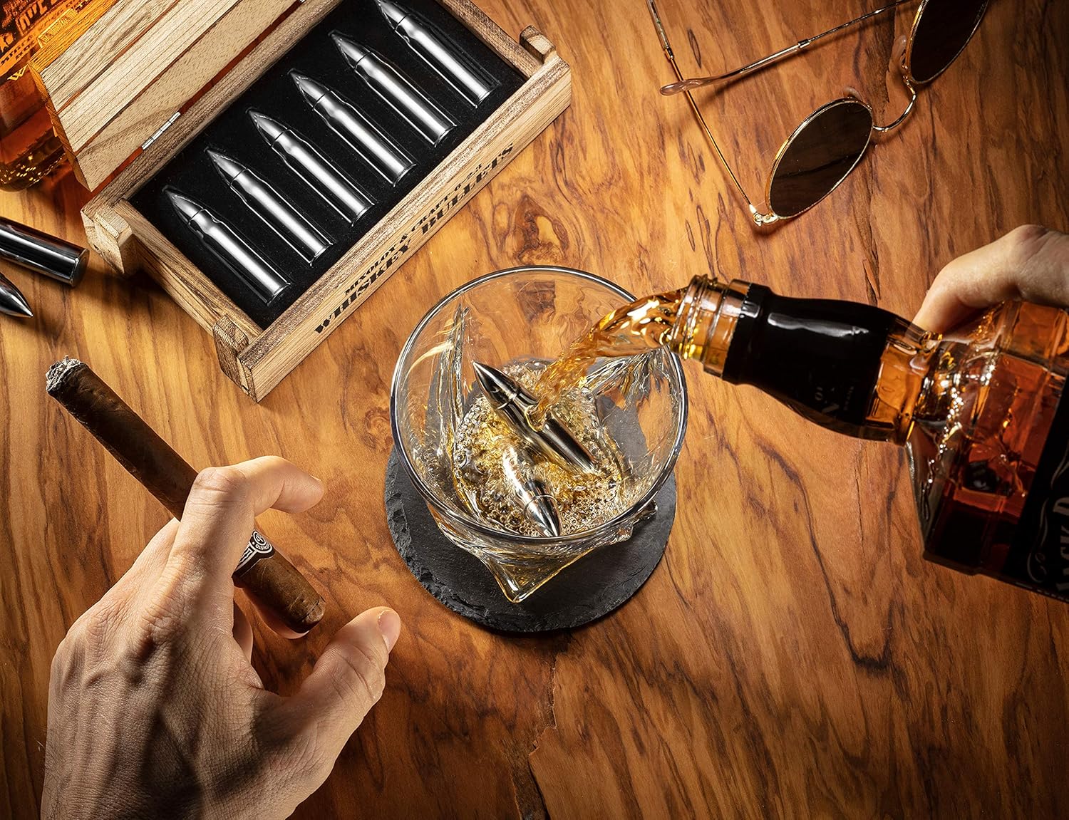 Exclusive Discount 80% Offer Whiskey Stone Bullets Gift Set - Stainless Steel Bullet shaped Whiskey Stones in a Wooden Army Crate | Reusable Bullet Ice Cube for Whiskey | Whiskey Gift Set for Men, Dad, Husband, Boyfriend (Silver)