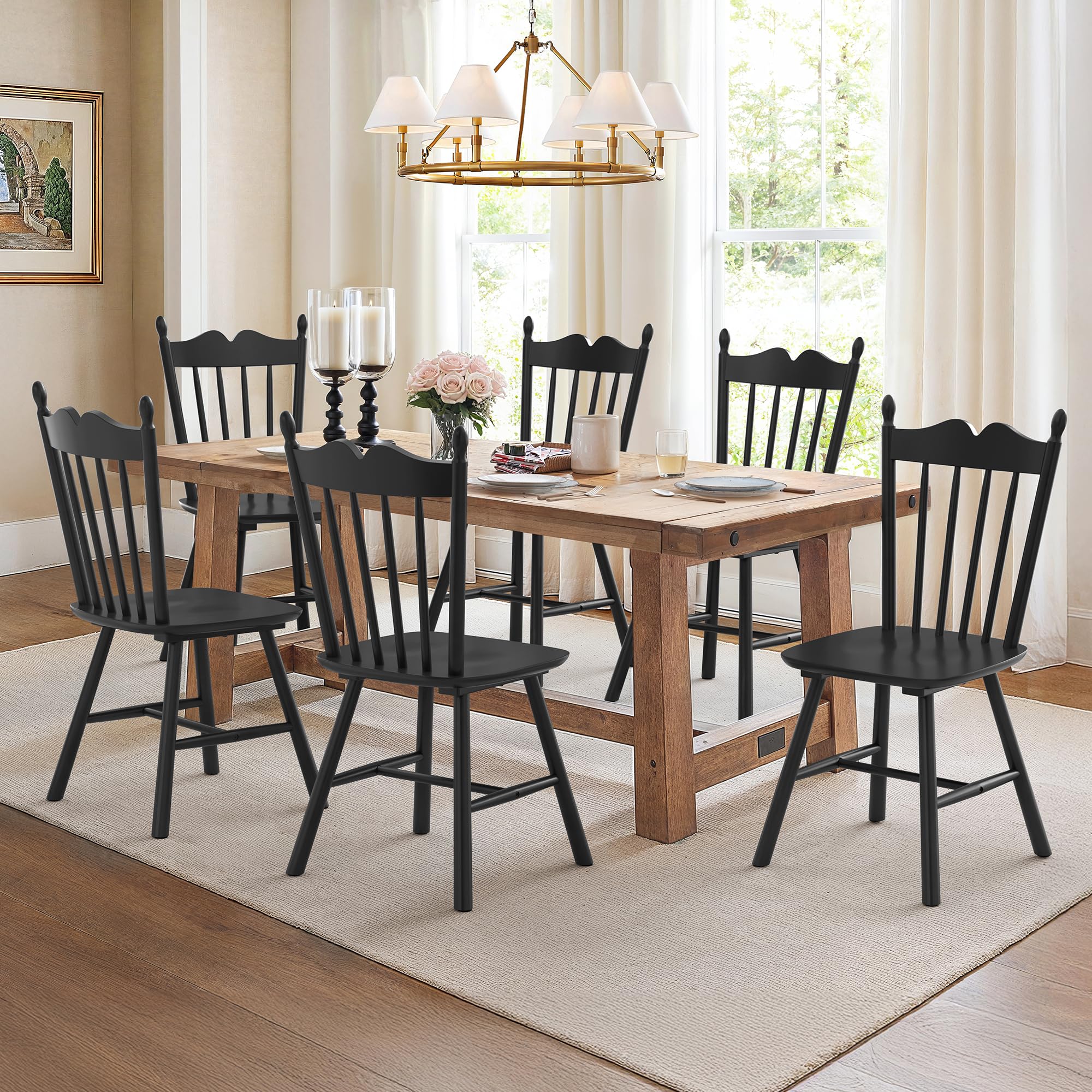 LUE BONA black Windsor dining chairs set of 6 with thickened backrest