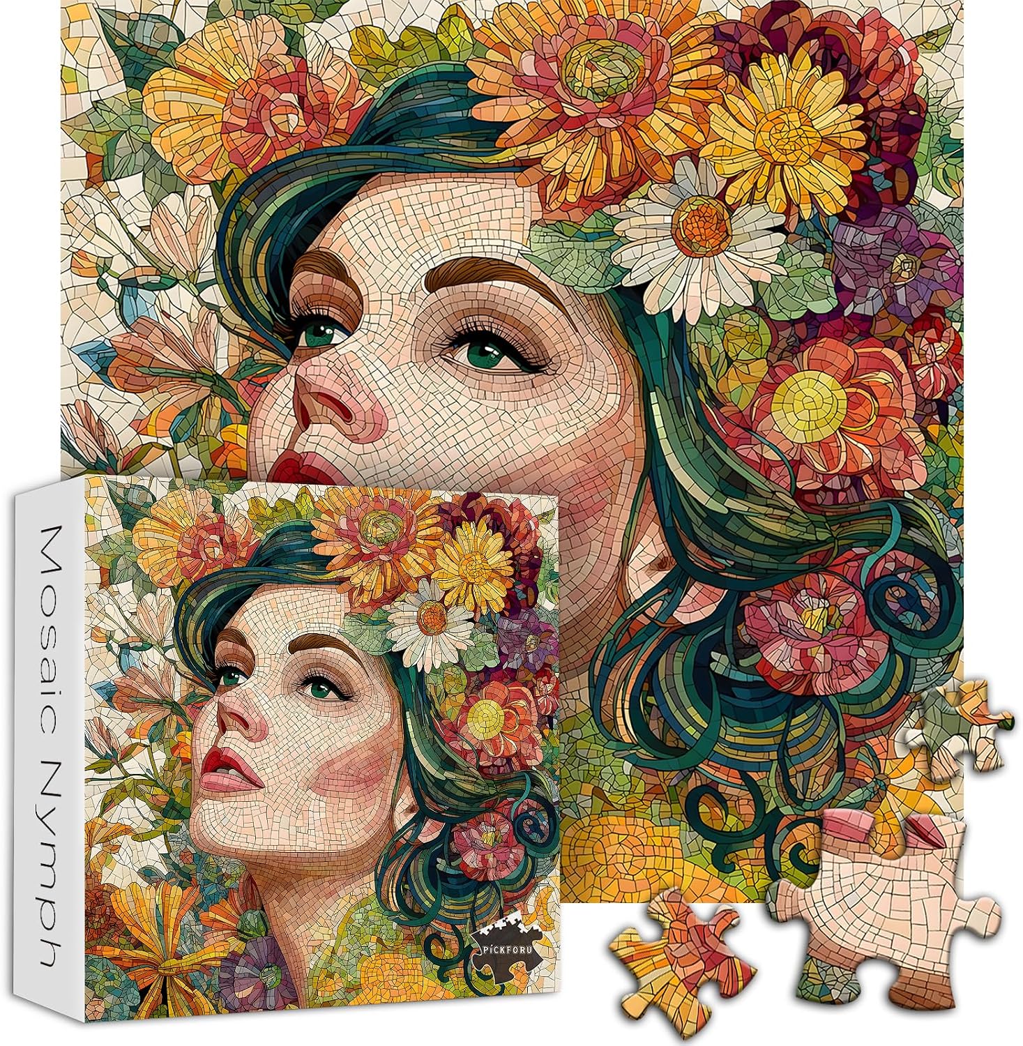 Mosaic Flower Woman Puzzles for Adults 1000 Pieces, Lady with Floral Plant Hard Difficult Jigsaw Puzzle, Colorful Aesthetic Art Impossible Challenging Puzzles for Adults