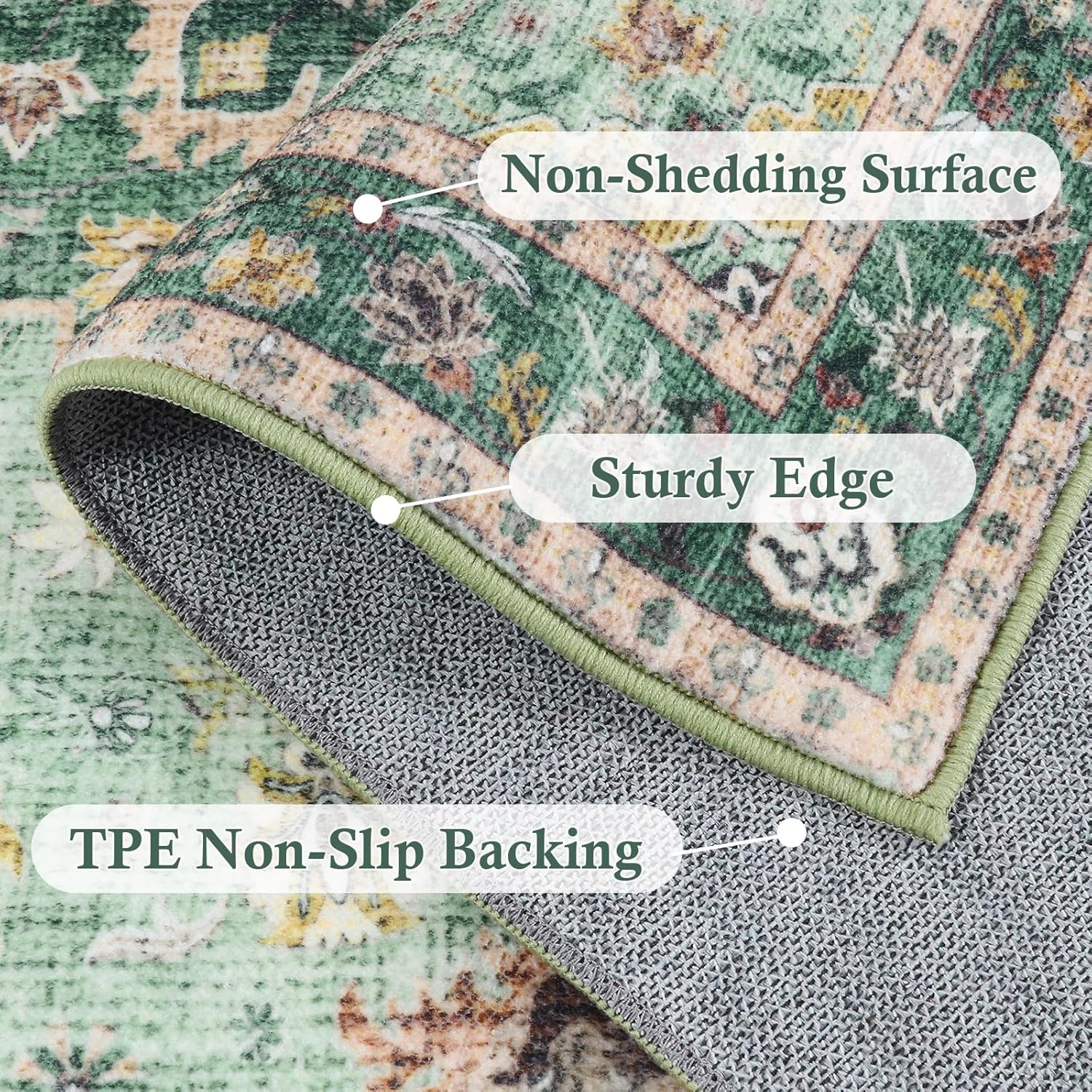 Green Floral 2' x 6' Washable Non-Slip Runner Rug