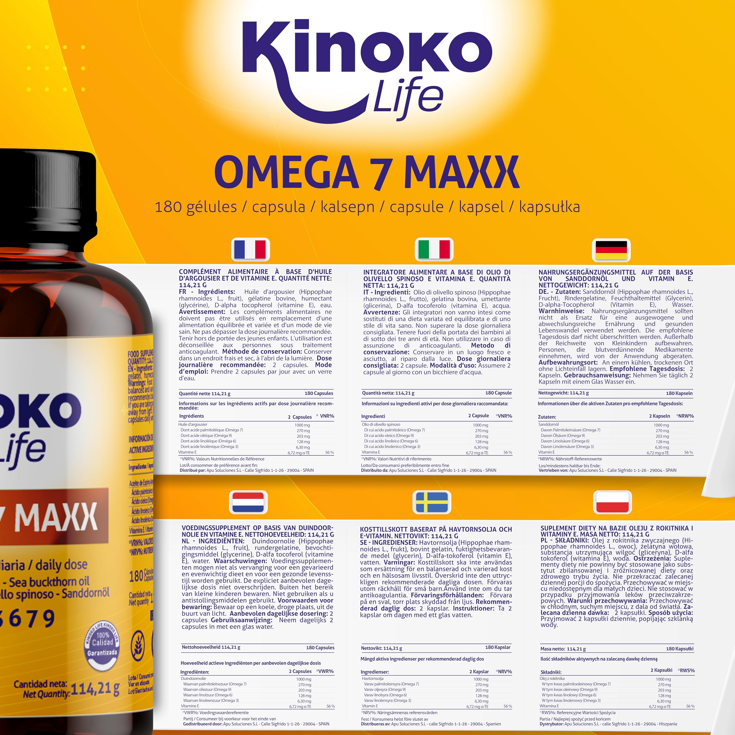 OMEGA 7 MAXX 180 Capsule (Scorta 3 Mesi) Olio di Olivello Spinoso 1000 mg Dose Giornaliera (500 mg per Capsula) Omega 3 6 7 9 + Vitamina E Benessere di Pelle, Mucose e Comfort Oculare Naturale e Senza