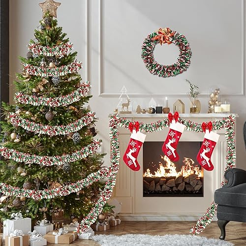 Miniatura 7 de Guirnalda de oropel metálico de 50 pies, color rojo, verde y blanco, adorno brillante para colgar en el árbol de Navidad para suministros de fiesta