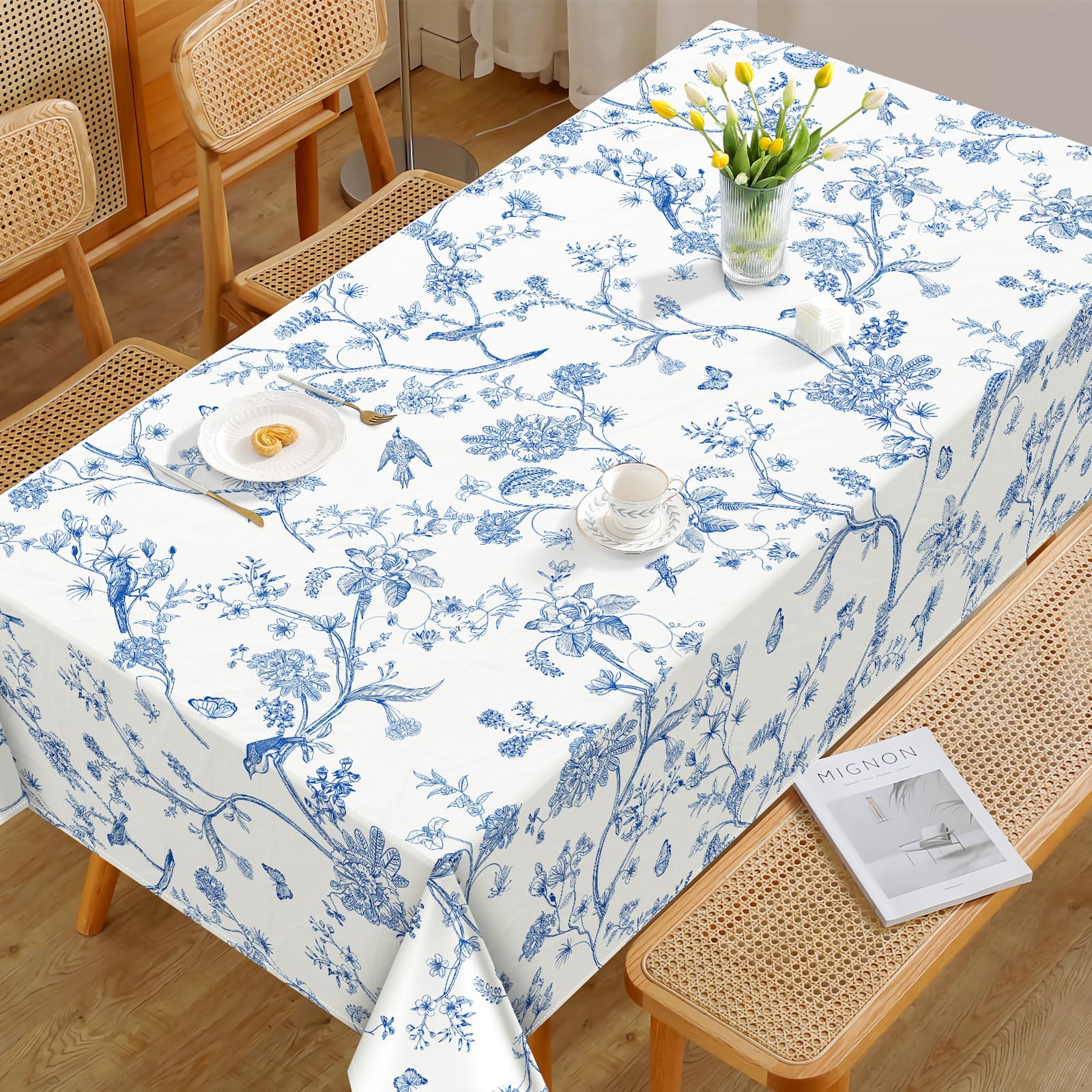 Arquiel Chinoiserie Bird Branch Tablecloth Waterproof, Vintage French Country Table Cloth Rectangle Stain Resistant - Image 2