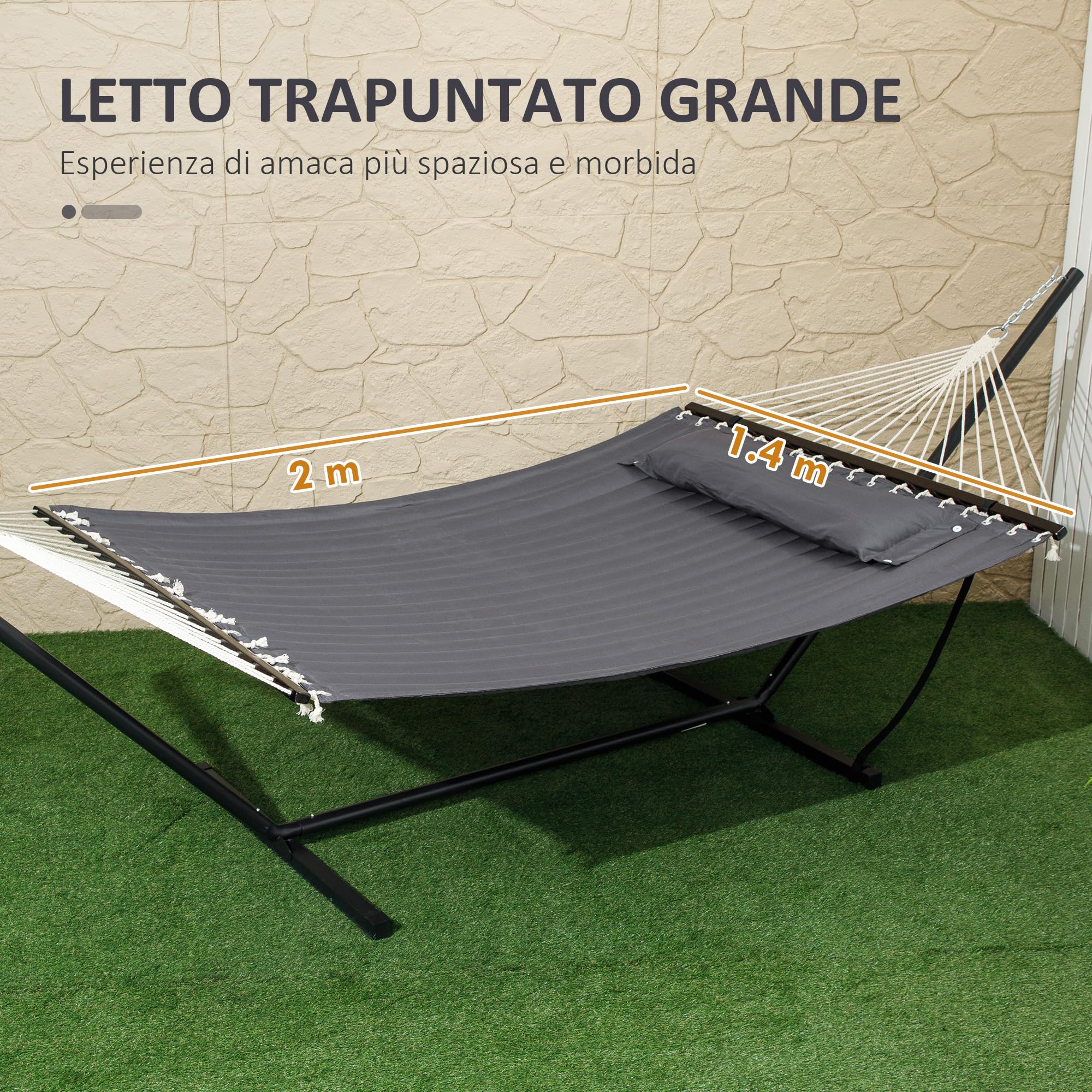 Outsunny Amaca da Giardino Portatile con Struttura, Cuscino Integrato e Corde di Sicurezza, Amaca Sospesa in Cotone, Poliestere e Acciaio, Portata Fino a 150 kg, 368x93x110 cm, Grigio Scuro