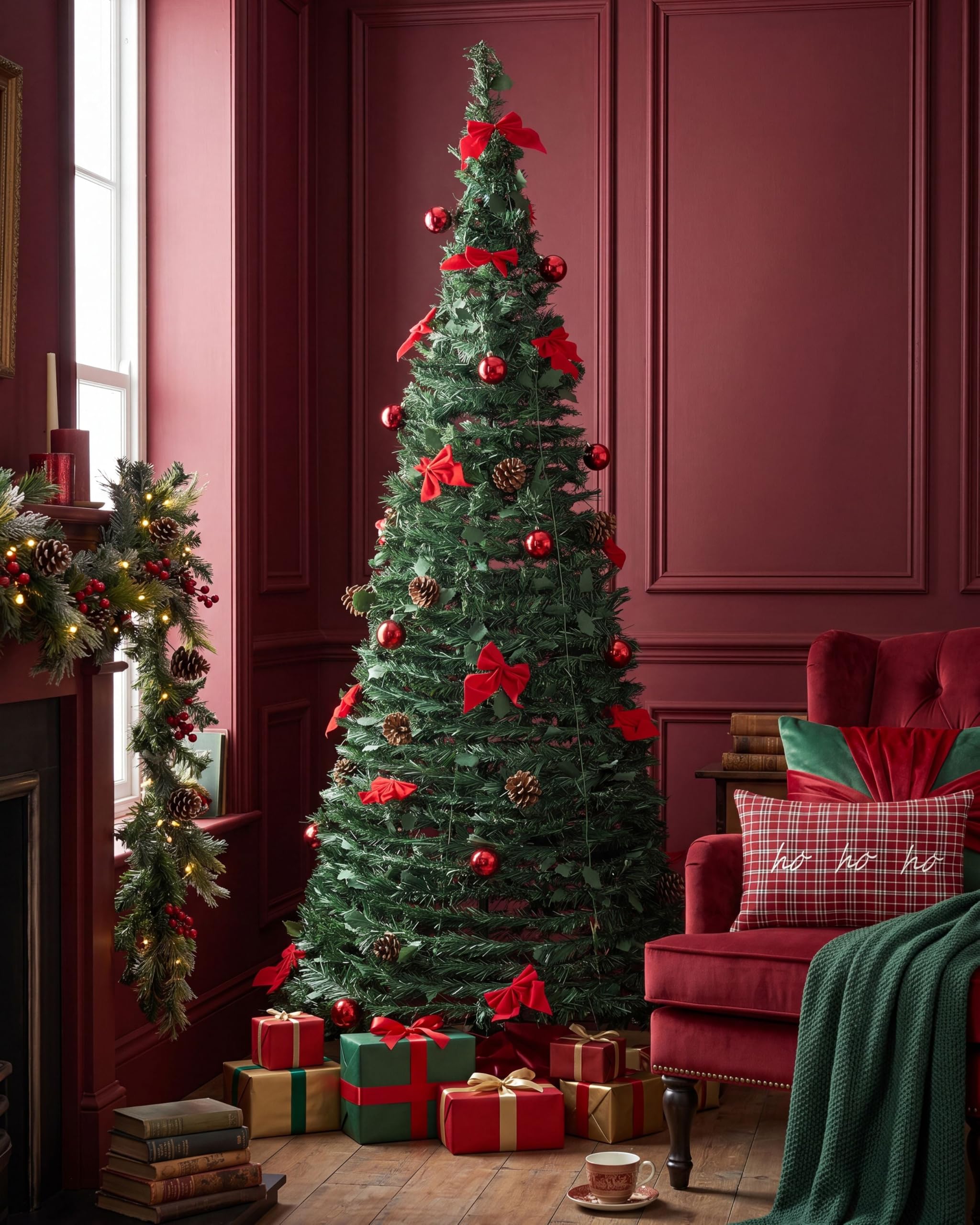 Árbol de Navidad Artificial con Luces LED incorporadas y Soporte metálico Plegable 184 cm Verde Pineora