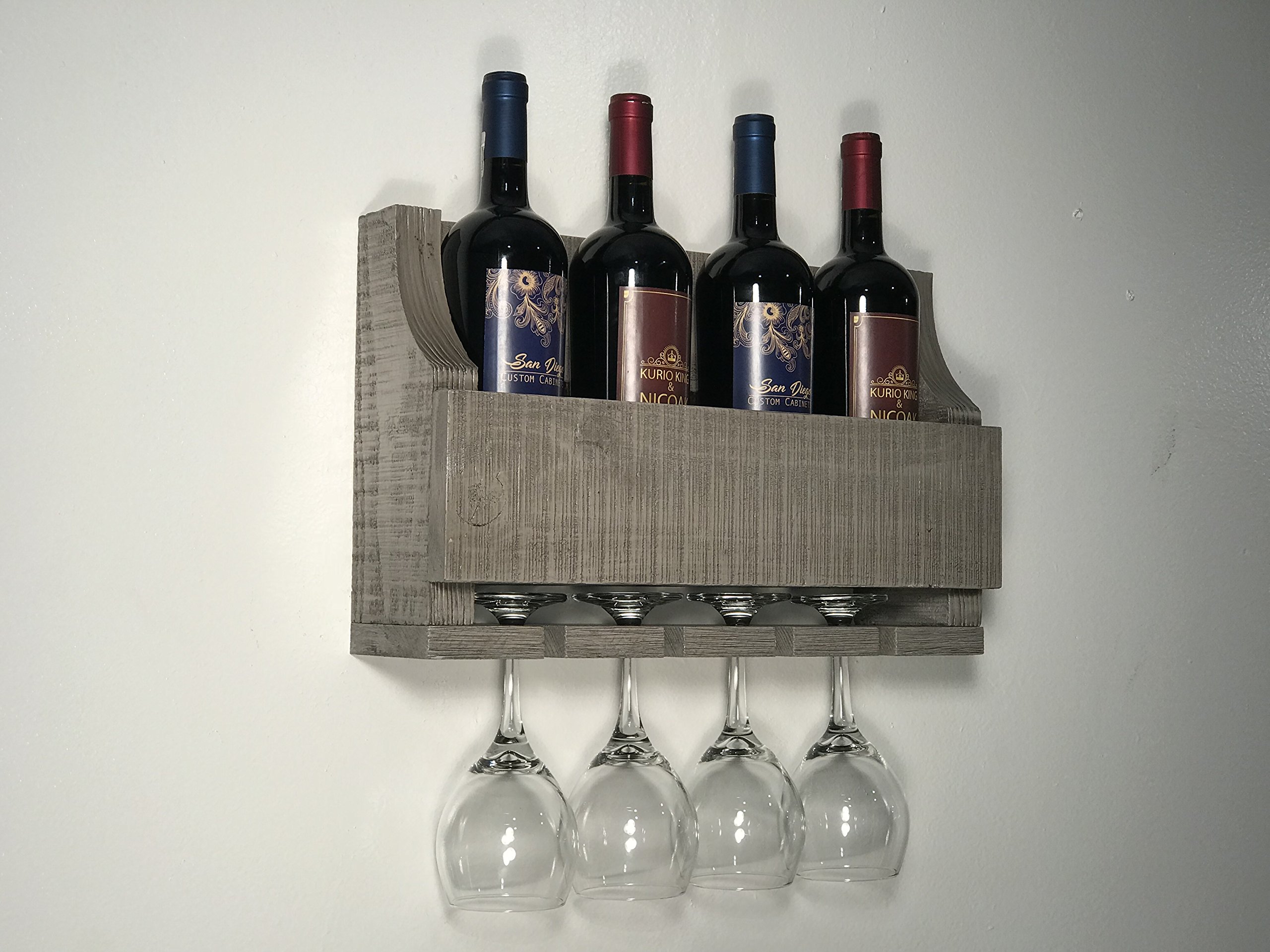 Empire USA - Barnwood Wall Mount Wine Rack Holds 4 Wines and 4 Long Stem Glass Rustic Reclaimed Wood (American Grey)