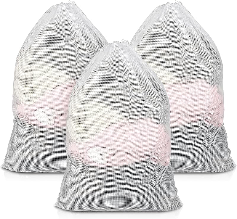 3 Pack Mesh Laundry Bags 23x34 Inch Drawstring Locking for Travel Home | mesh bags with locking drawstring, Tear-resistant for blankets & towels, Lightweight foldable for travel/dorm
