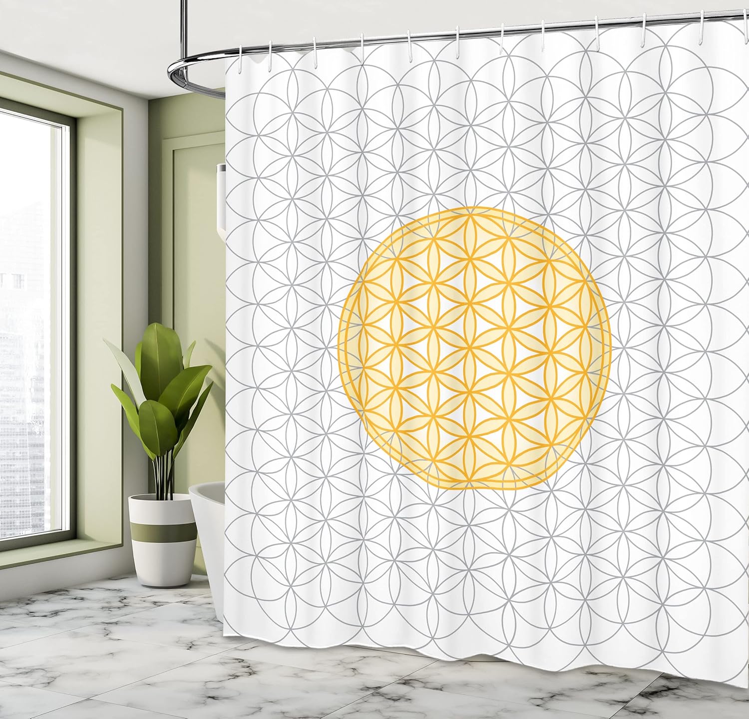 Ambesonne Geometry Shower Curtain, Interlace Circles of Time and Space Theme Vortex Natural Geometry Myth Form, Cloth Fabric Bathroom Decor Set with Hooks, 69" W x 70" L, Yellow