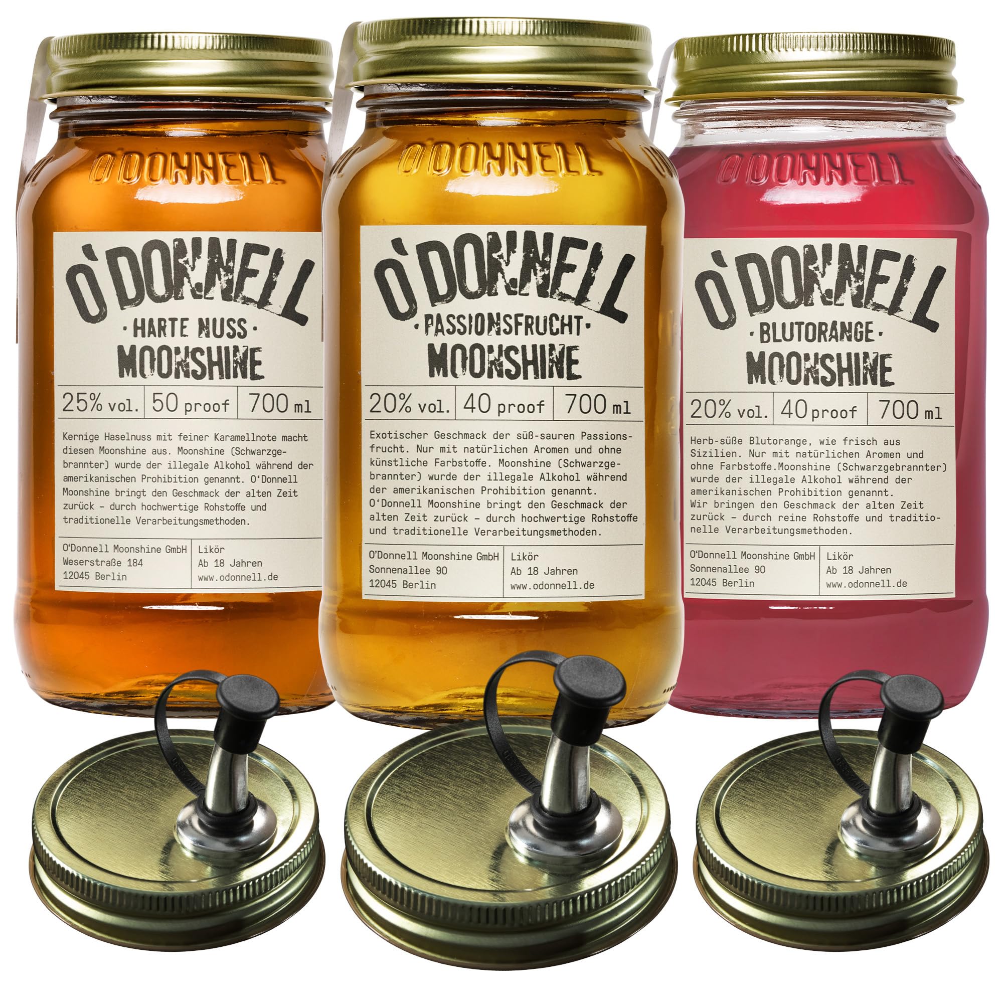 O'Donnell Moonshine Likör Set 3x 700ml Premium Likör (Made in Berlin) Fruchtiger Likör in Original Mason Jars + 3x Ausgießer – Harte Nuss Haselnusslikör, frische Passionsfrucht & Blutorange