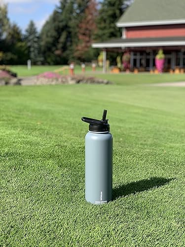 Miniatura 6 de FIFTY-FIFTY 40 onzas, botella de agua deportiva con aislamiento al vacío de doble pared, acero inoxidable, tapa de popote con boca ancha, naranja