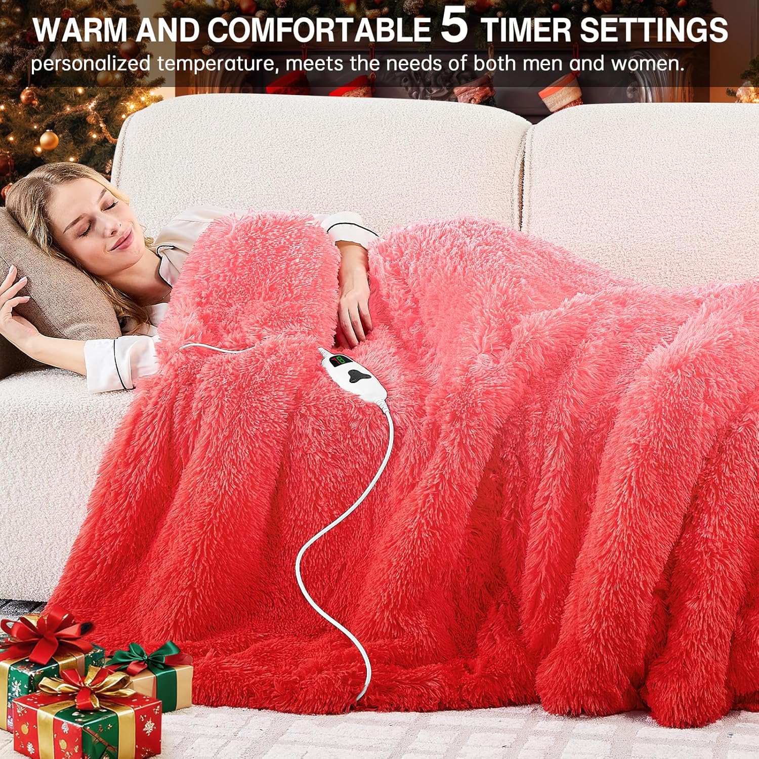 Heated Electric Blanket Throw,Warm Winter Birthday Gifts for Women Her Grandma-Faux Fur with Soft Sherpa,10 Heat Settings,5 Time Settings with Fast Heating, 50x60, Ruby Wine - Image 2
