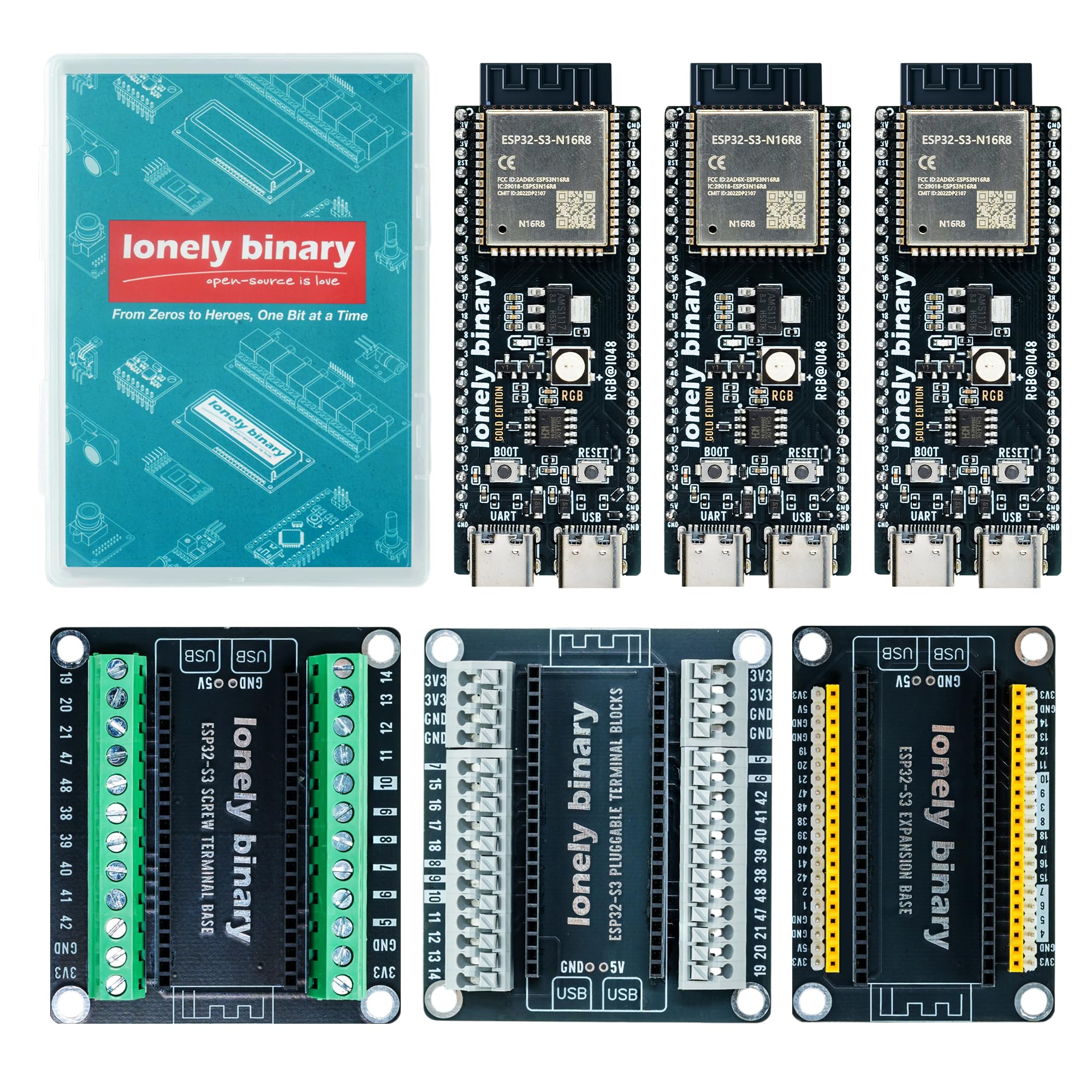 3-Pack ESP32-S3 N16R8 Gold Edition Kit with 16MB Flash, 8MB PSRAM, Expansion Boards, Terminals, Data Cable & Tutorials - Lead-Free Gold Finish Compatible with Arduino IDE & MicroPython