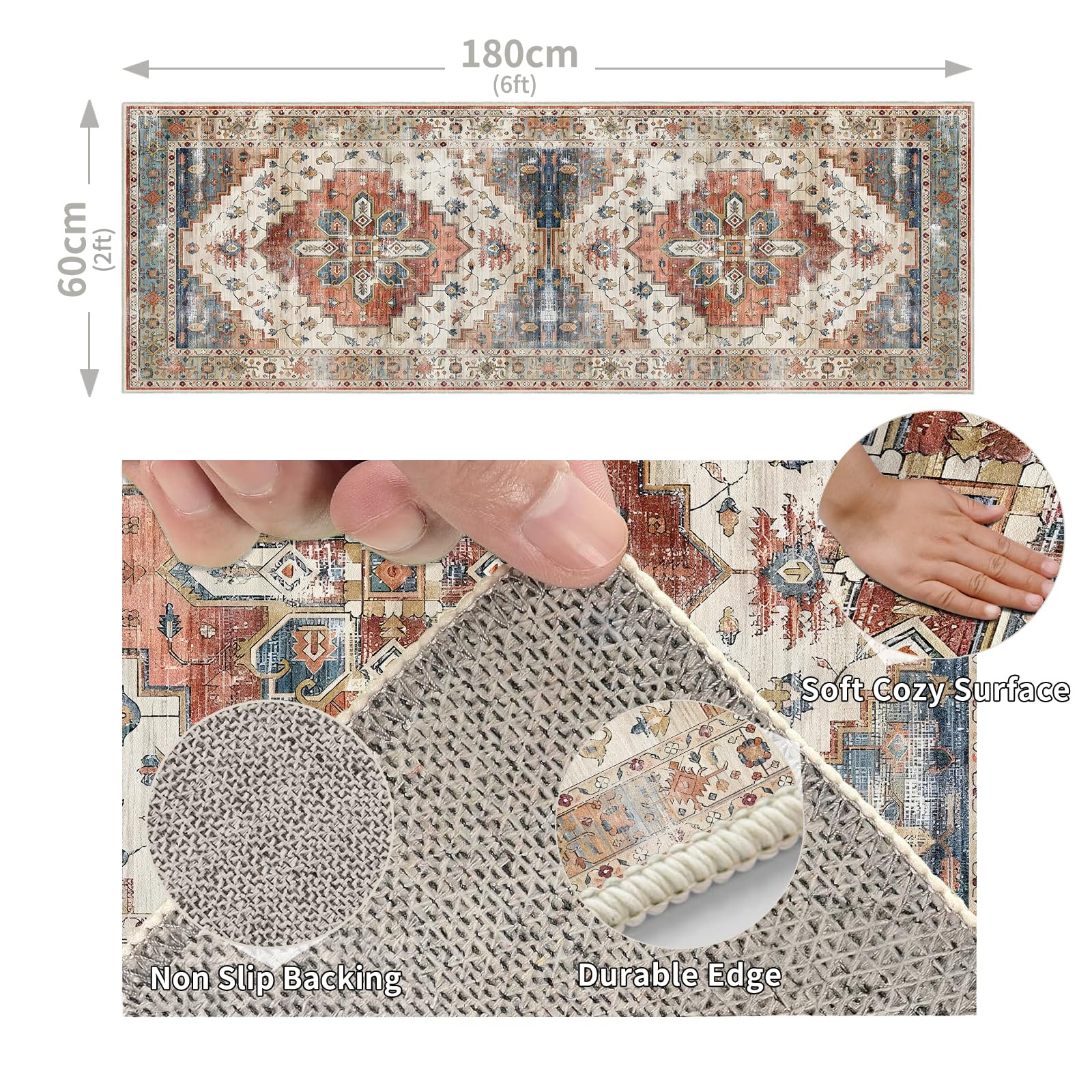 Cycleader 60x180cm Non-Slip Washable Runner Rug for Hallway, Vintage Boho Faux Cashmere Carpet Anti-Fatigue Kitchen Rugs Indoor Soft Long Floor Mat Low Pile Runners with Anti-Slip Backing for Bedroom - Image 2