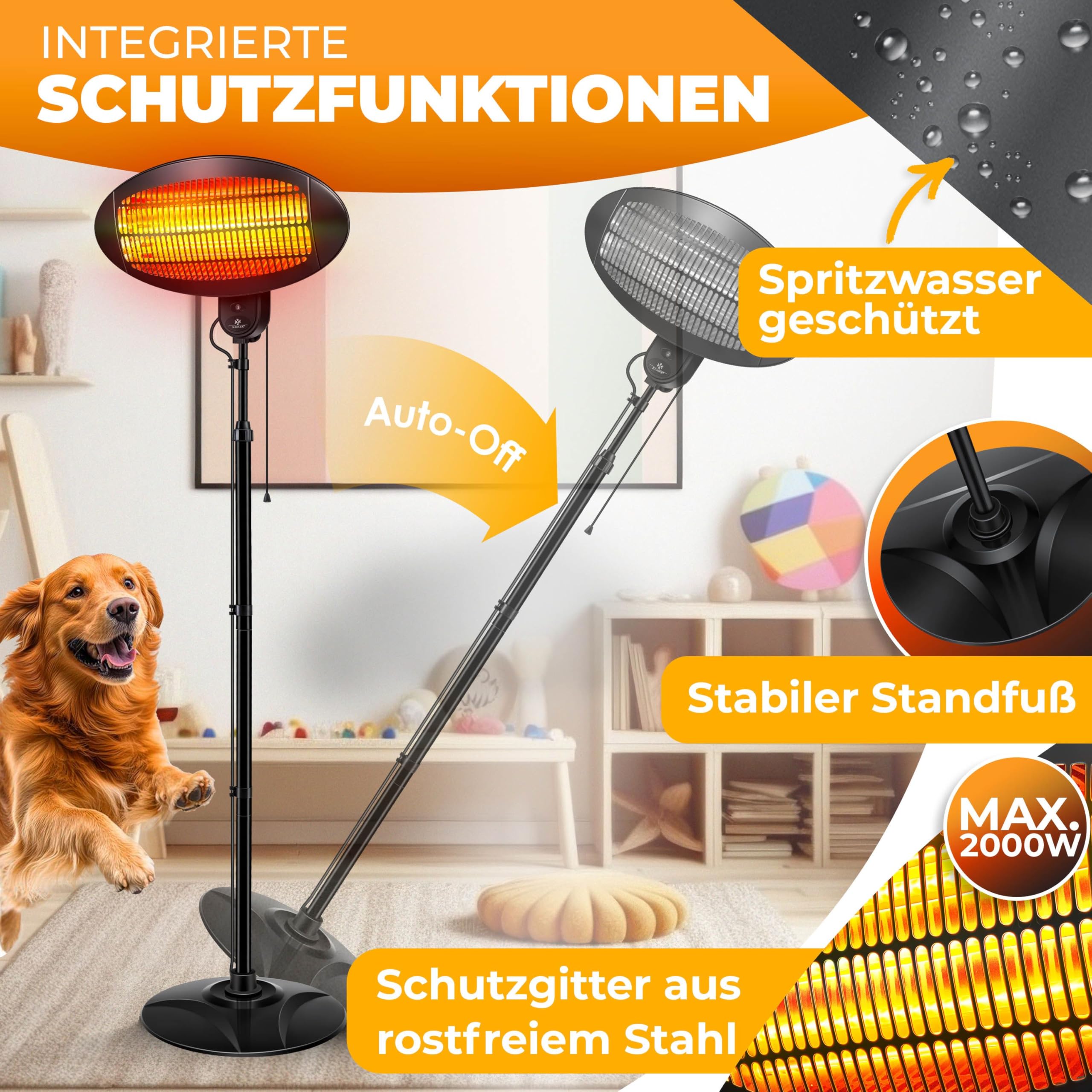 KESSER® Infrarot Wickeltischstrahler Wärmelampe für Baby, 2000W Heizlüfter Standgerät | Wandmontage Heizstrahler, mit Kippsicherung, 3 Stufen Rotlicht Heizung, Indoor Outdoor, Stand | Wand, schwarz