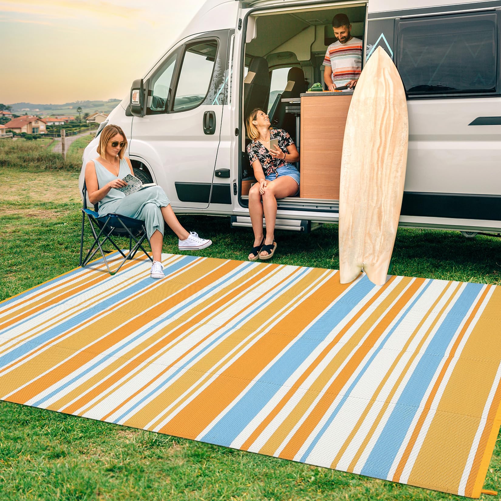 Tapis d'extérieurérieur Moderne et réversible – Résistant UV et imperméable, Paille Plastique, Facile à Nettoyer, idéal terrasse, Jardin, Plage, Camping – Bleu/Orange/Jaune/Blanc, 9x12ft