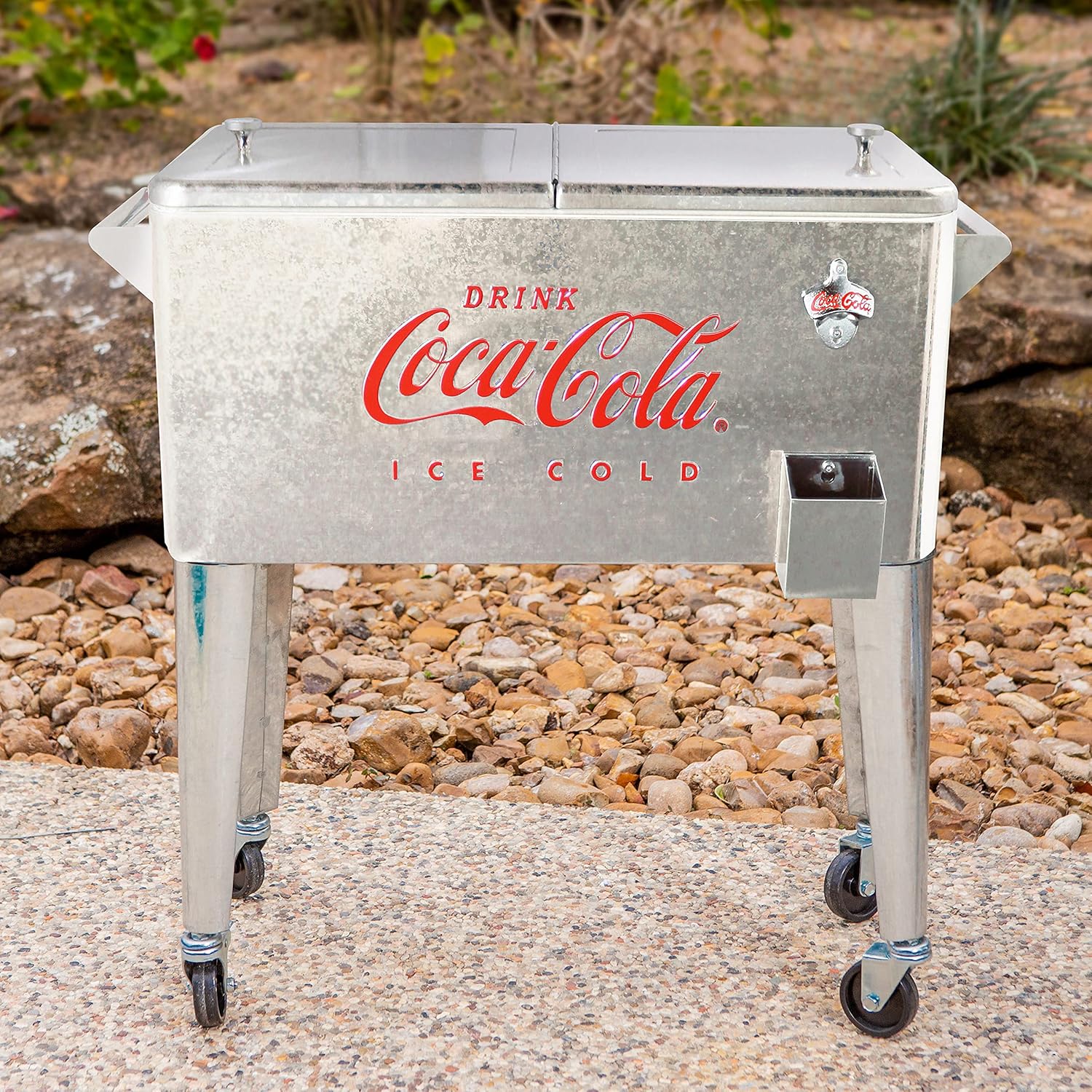 Leigh Country Coca-Cola 80-Qt Galvanized Rolling Cooler, “ICE Cold” Retro Design, Outdoor Beverage Cooler with Bottle Opener