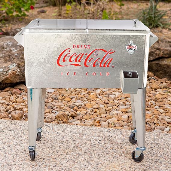 Leigh Country Coca-Cola 80-Qt Galvanized Rolling Cooler, ICE Cold Retro Design, Outdoor Beverage Cooler with Bottle Opener