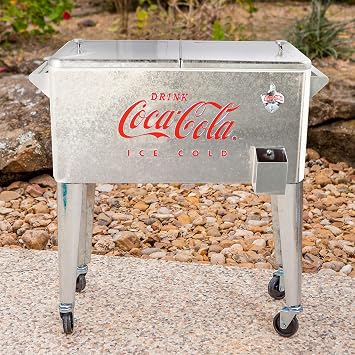 Leigh Country Coca-Cola 80-Qt Galvanized Rolling Cooler, ICE Cold Retro Design, Outdoor Beverage Cooler with Bottle Opener