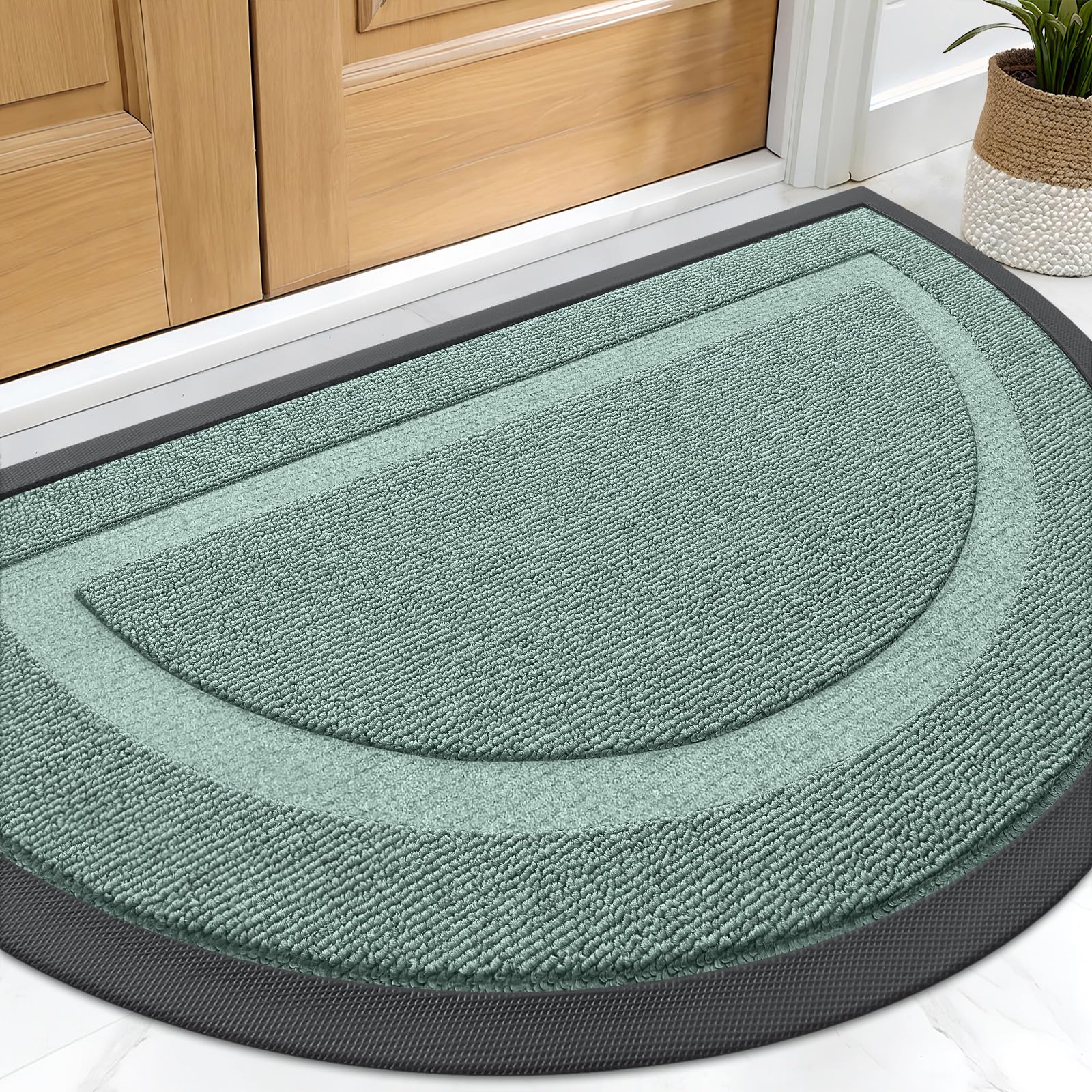 OLANLY Half Circle Front Door Mat Outside 29.5x17 All-Season Rubber Doormat | Grayish Green, Absorbent, Heavy-Duty, Stain and Fade Resistant, Non-Slip Backing, Low-Profile Indoor Outdoor Entryway Mat