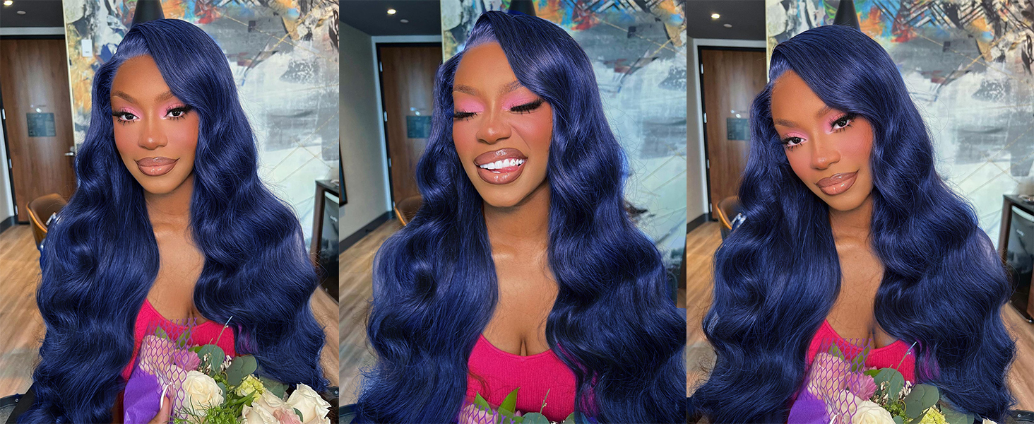 Women\'s Dark Blue Glueless Synthetic Lace Front Pre-Plucked Hairline 28 Inch Amazon.com : 28 Inch Blue Lace Front Wig Human Hair Body  main image 3