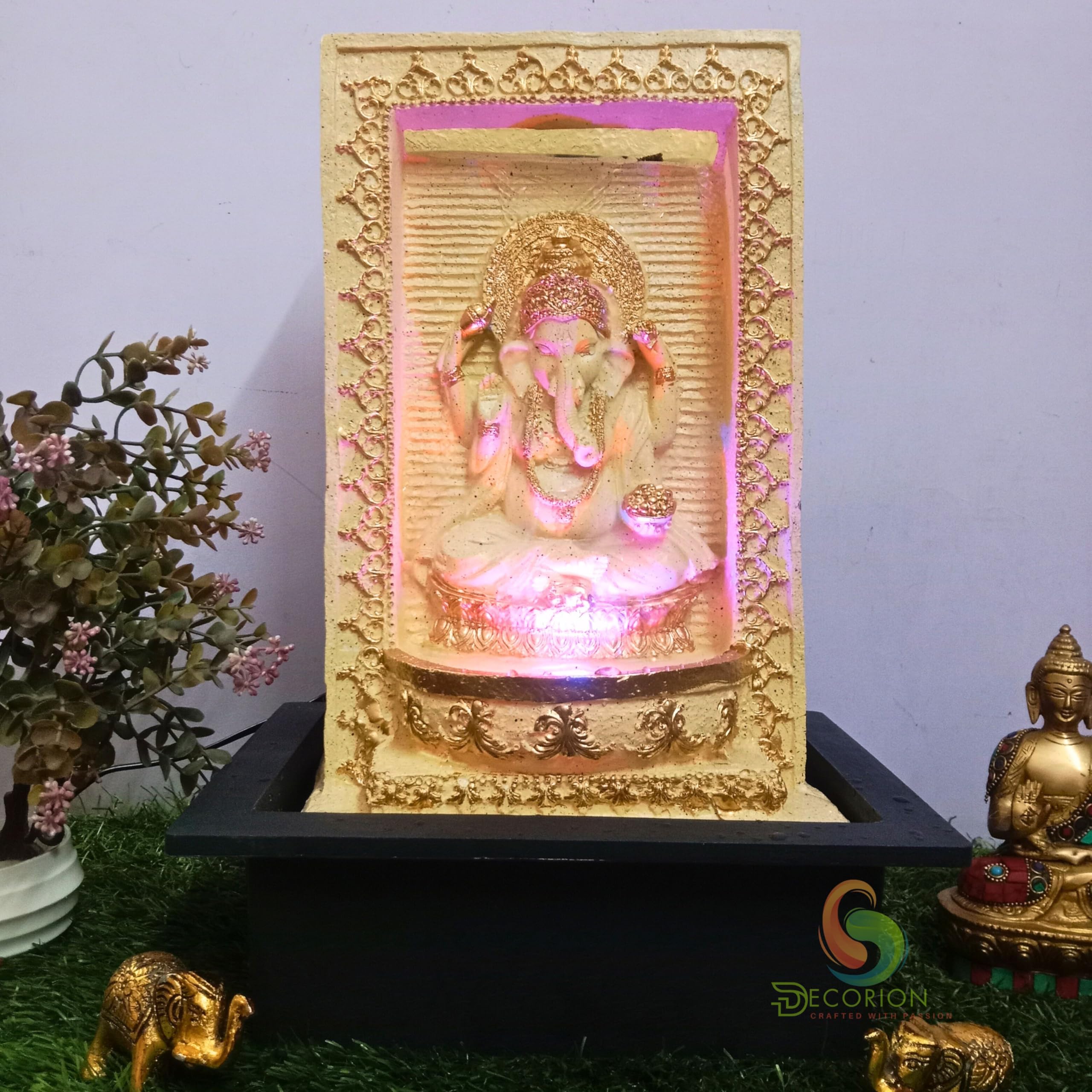 DECORION™ Ganesha Polyresin Designer Table Top/Indoor Waterfall Fountain Indoor Home Decor with Multicolour LED Light and Water Flow Control Pump (Size: 41 x 29.5 x 22 CM) (D-042)