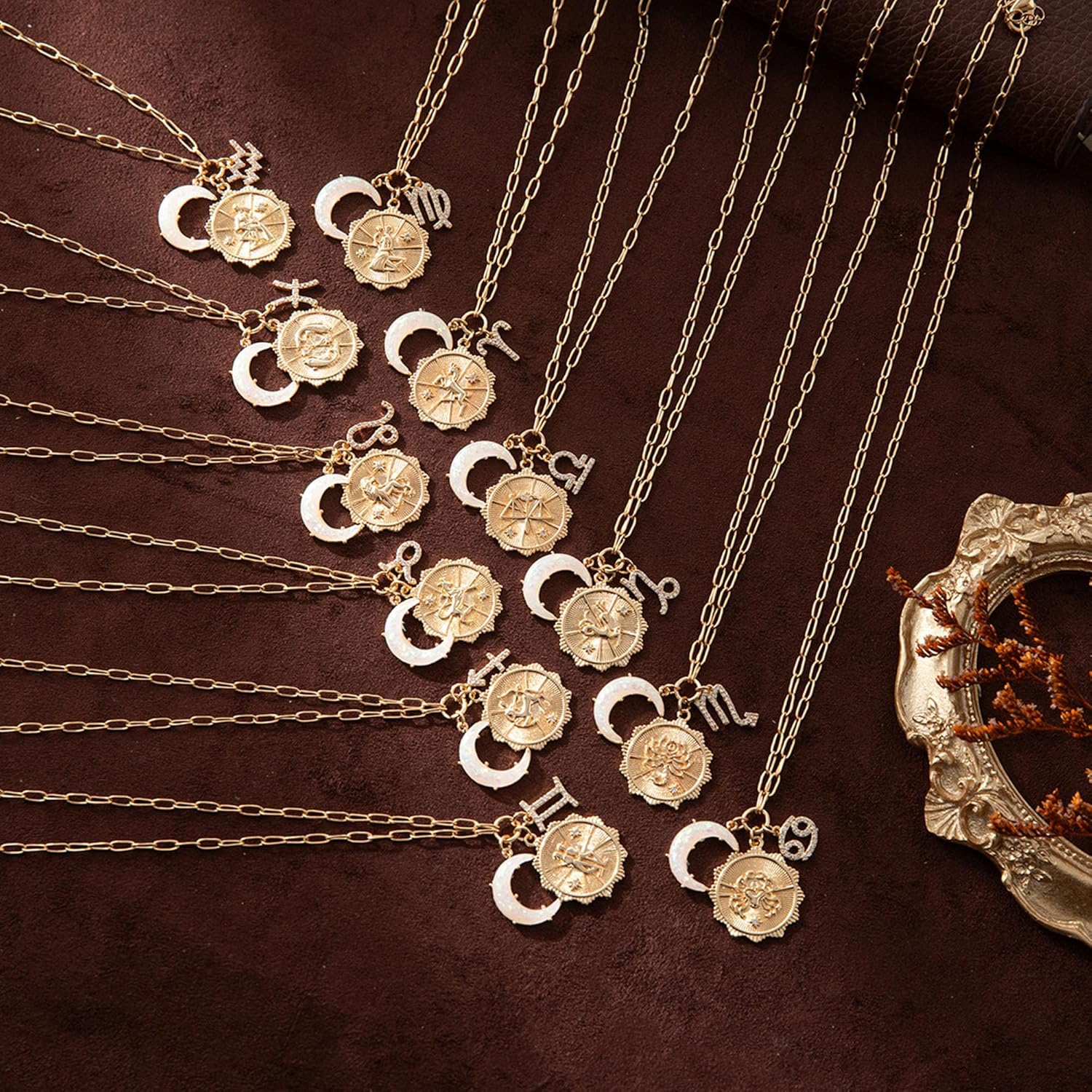 Dainty Gold Zodiac Embossed Coin Opal Crescent Moon Charm Necklace for Women Trendy 18K Gold Plated Retro Paperclip Chain 12 Constellation Horoscope Necklaces Astrology Jewelry Gifts - Image 7