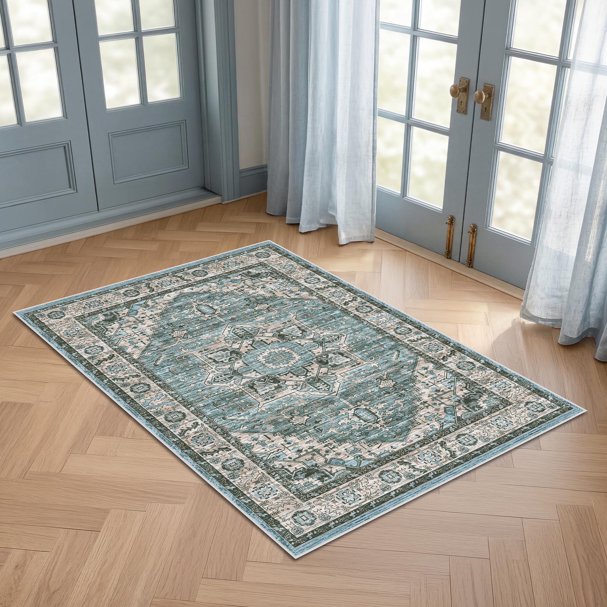 Autsel Vintage Teppich Wohnzimmer, Waschbarer Teppich Schlafzimmer, Boho Teppich Kurzflor, rutschfest Läufer Teppiche, Pflegeleicht Teppich Gegend für küche, Büro, Esszimmer, Flur