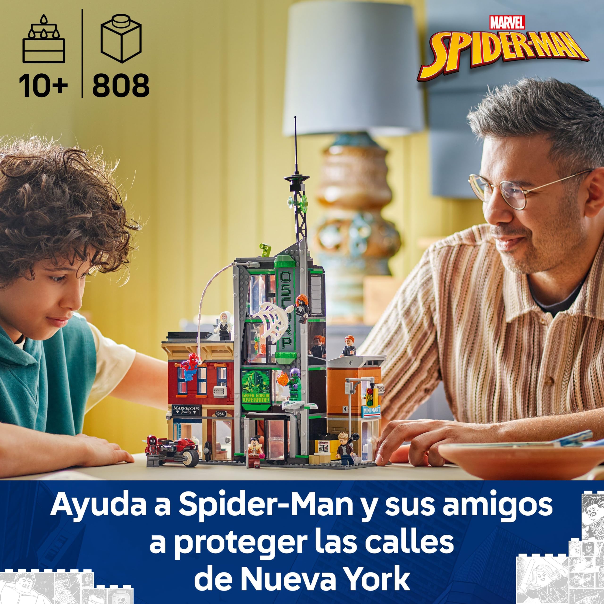 LEGO ǀ Marvel Spider-Man vs. Oscorp - Juguete Interactivo con Moto, 8 Minifiguras Inc. Miles Morales, Duende Verde y Spider-Woman - Regalo de Superhéroes para Niños de 10+ Años y Fans 76324