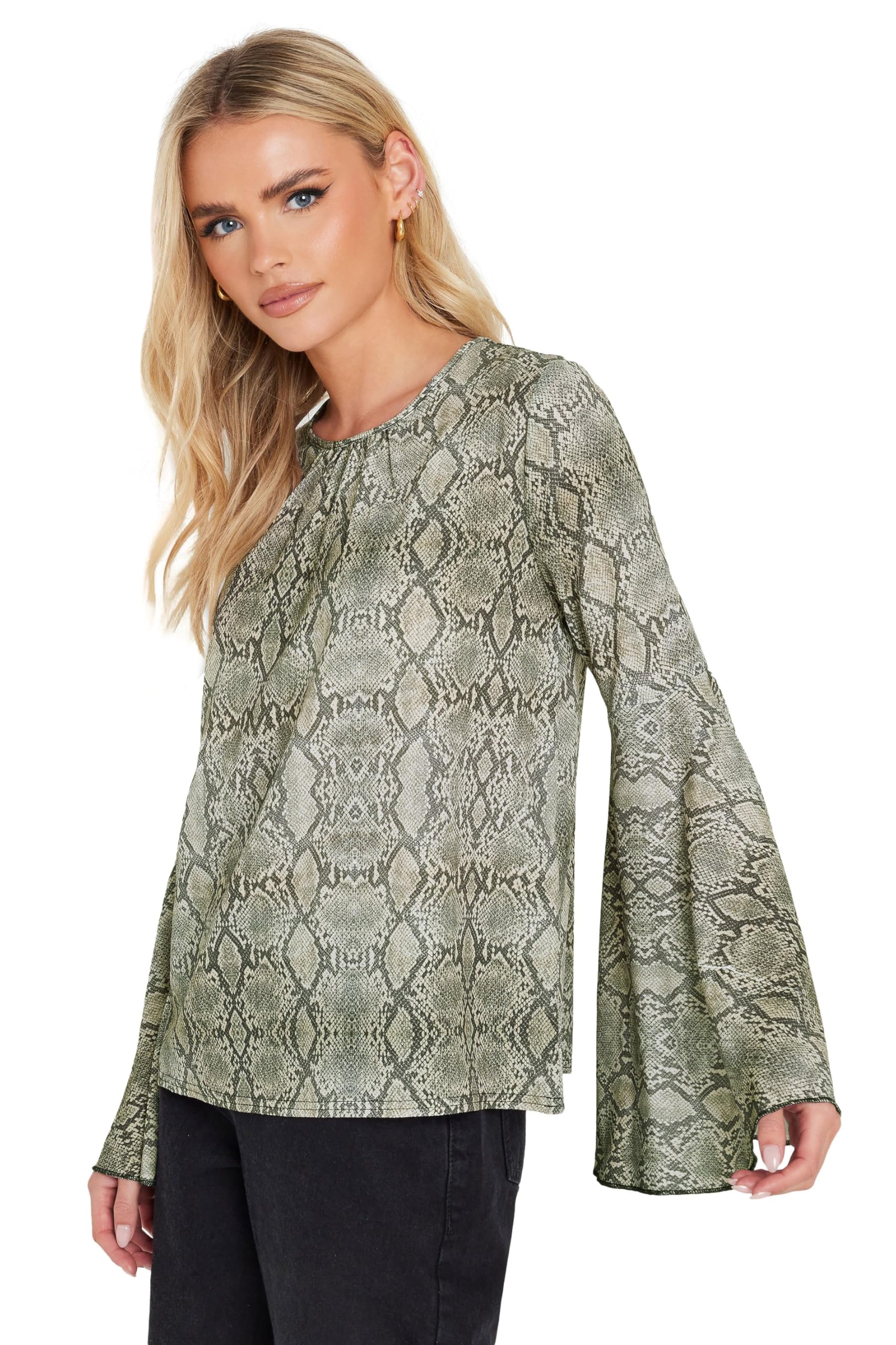 Pixiegirl Women's Grey Petite Woven Snake Print Bell Sleeve Top Size 10
