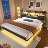 QQU King Size Bed Frame 5ft Floating Bed with LED Lighting, USB Type-C Charging, Storage Shelf Headboard with 2 drawer, 150 x 200cm, Upholstered Bed with Metal Slatted Frame, Linen, Grey