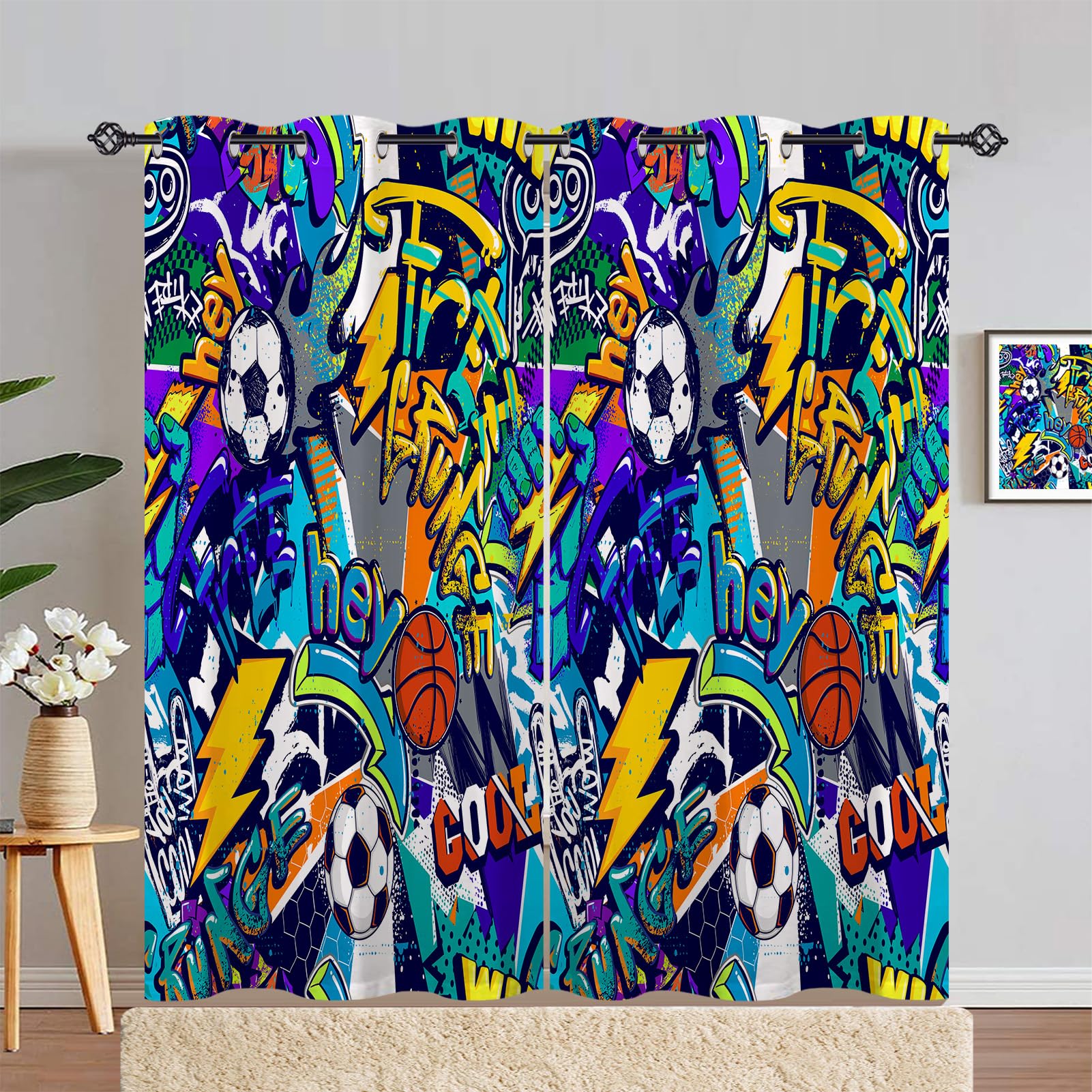 ANHOPE Graffiti Curtains Eyelet Soft Thermal Insulated Blackout Curtains Abstract Sports Basketball Football Print Pattern Ring Top Window Drapes for Kids Boys Girls Bedroom 55 x 72 Inch Drop 2 Panels — image 1