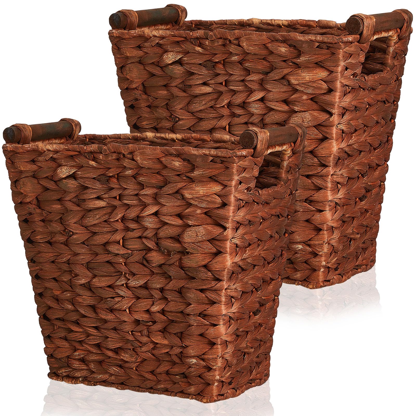 Photo 1 of 2 Pack Wicker Waste Basket Hand Woven Waste Basket Water Hyacinth Waste Basket Wicker Trash Can Boho Woven Trash Can Wicker Trash Basket with Wooden Handle for Garbage Bedroom Storage (Dark Brown)