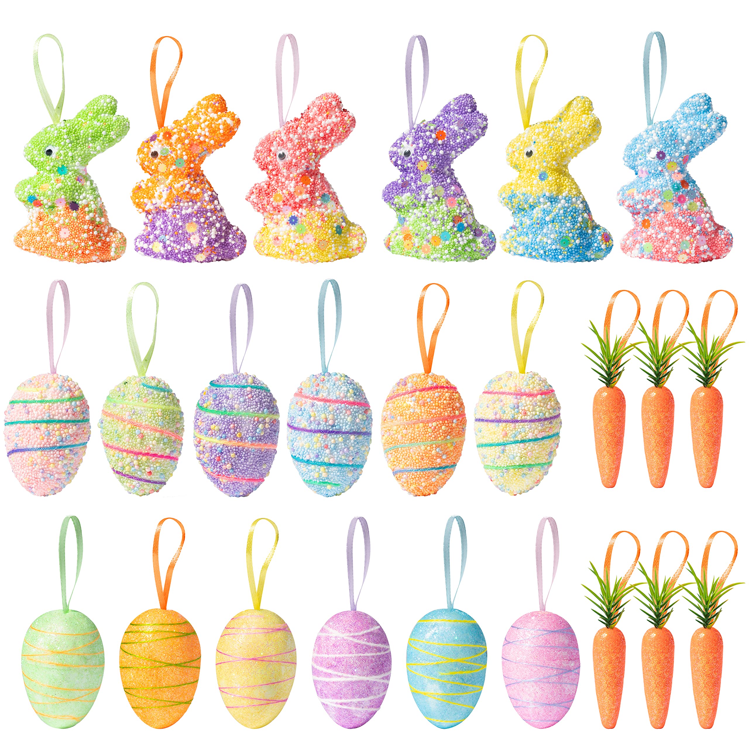 Décoration sapin de Pâques WATINC lot de 24 œufs et carottes en mousse suspendus avec cordes