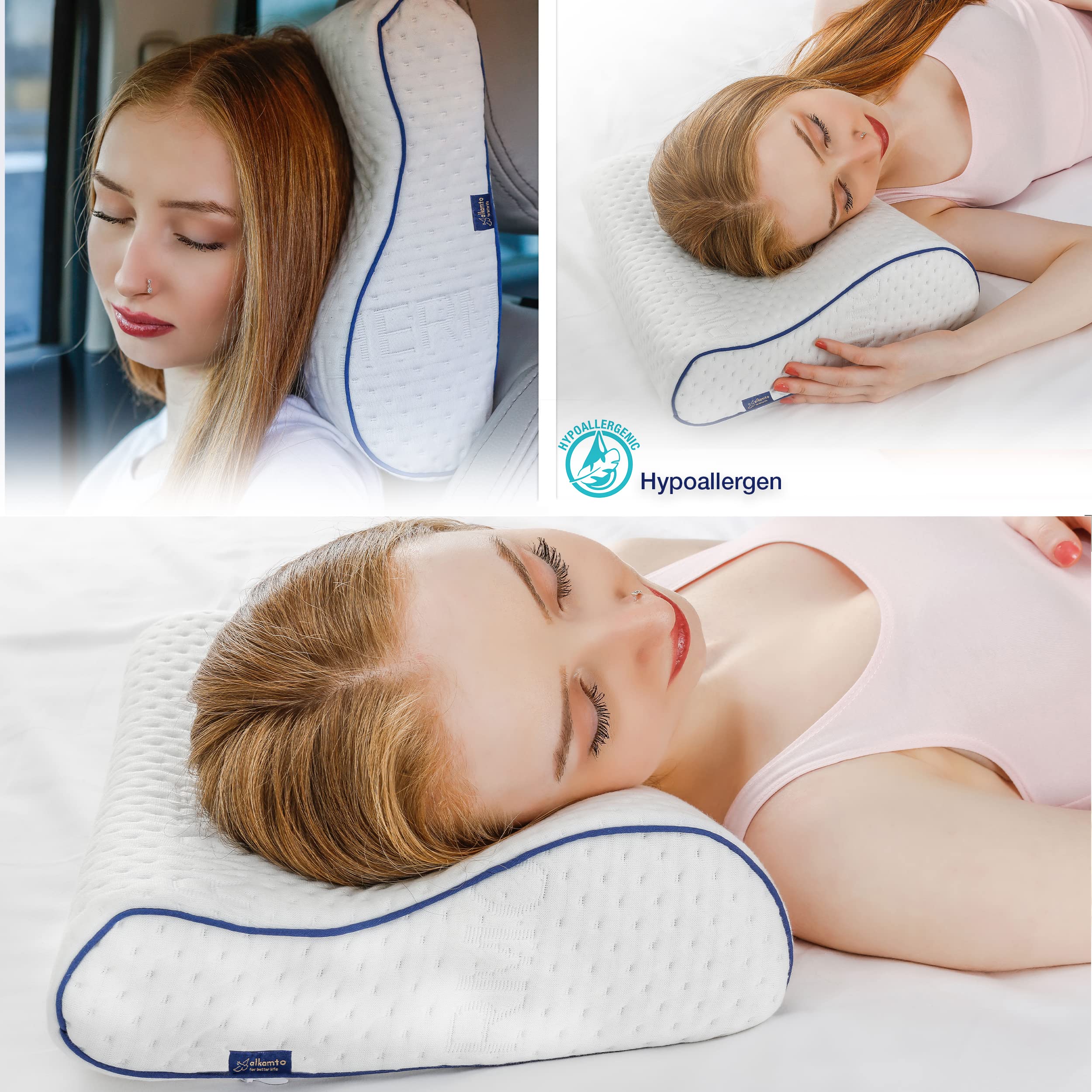 alkamto Comodo cuscino in memory foam con fodera in cotone extra – facile da trasportare – federa per cuscino regolabile della temperatura (Bianco Cervicale)