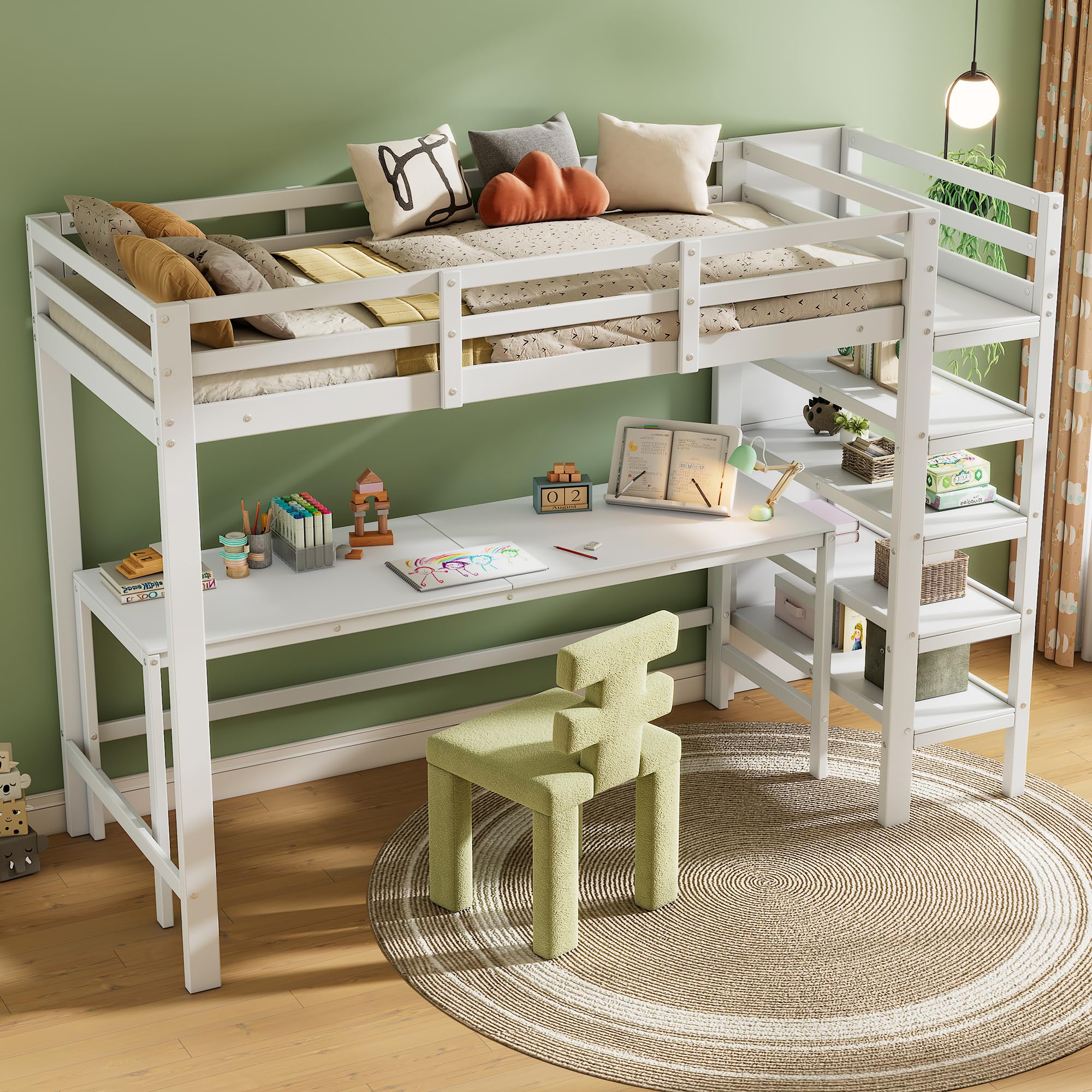 Kayan Kinder-Etagenbett, Doppelbett, multifunktionales Kinderbett, mit Leiter, mit Tisch, mit Aufbewahrungsschubladen unter dem Bett, mit Aufbewahrungsregal, ohne Matratze, Massivholz, weiß, 90 * 200