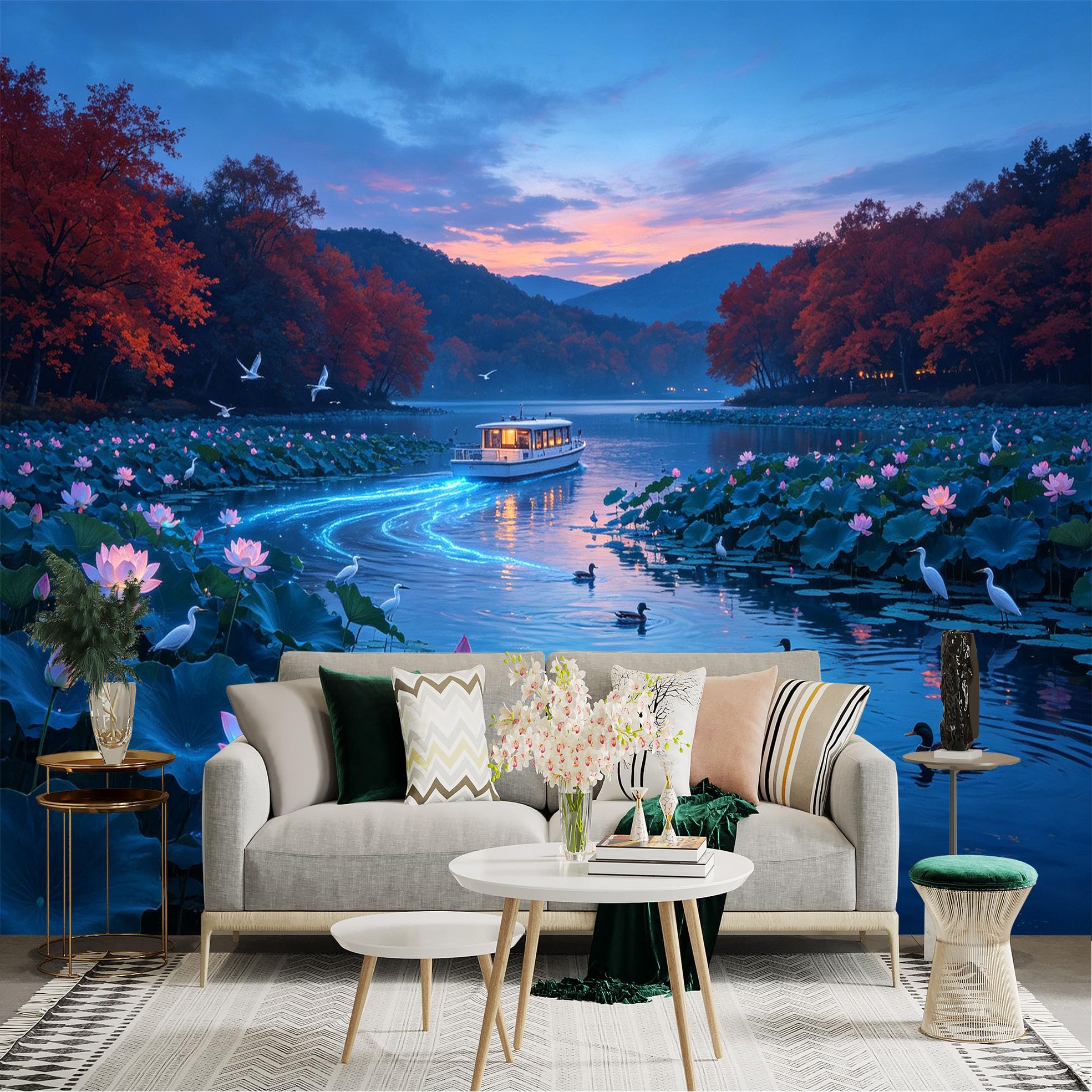 Custom Size Wall Sticker Mural， Lotus Pond at Twilight， Cruise Boat on Calm Lake， Birds Flying Over Water， Vibrant Autumn Forest Scenery， for wall Decoration， peelandstick wall Decals.