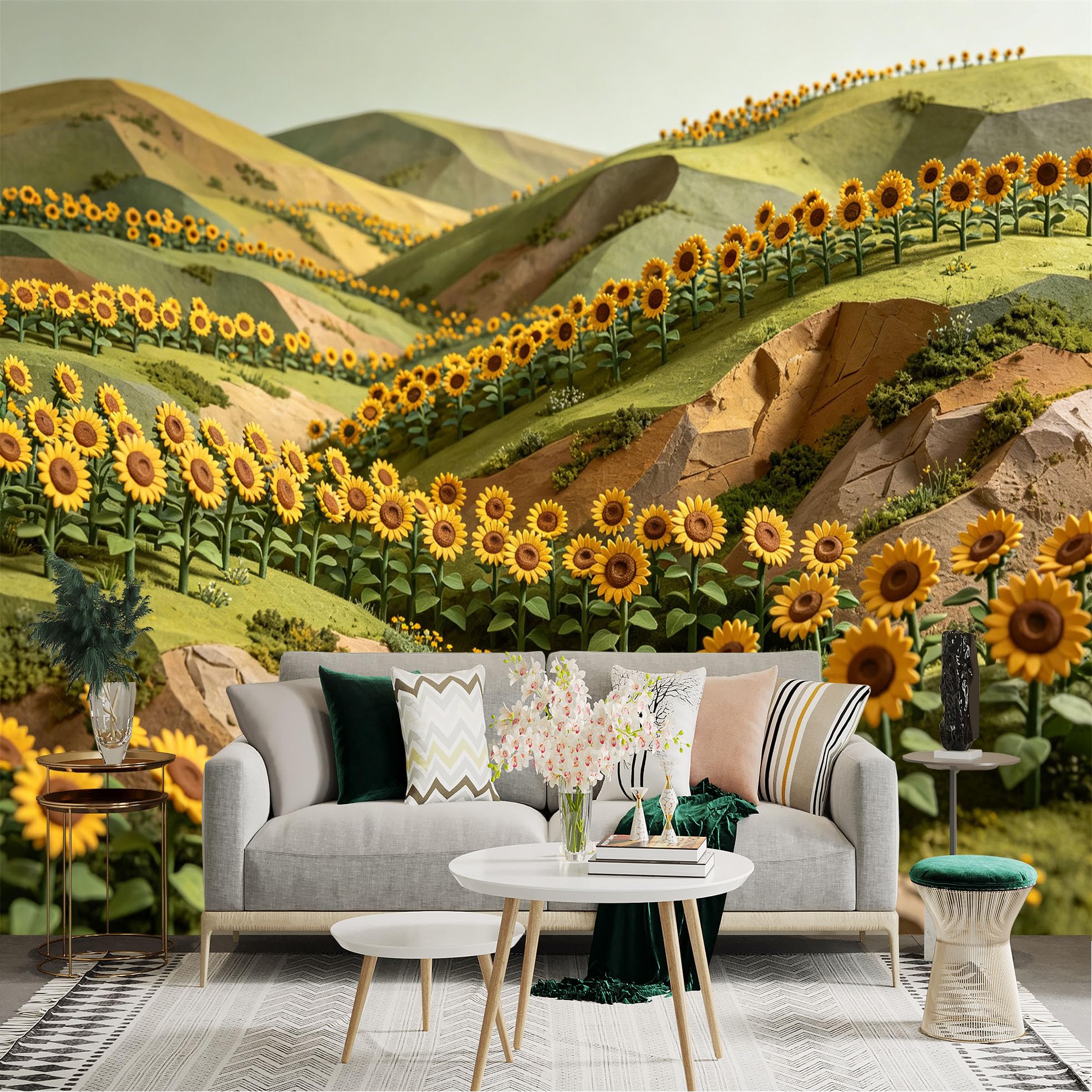 Lnzczhyre Dbh260521798 Custom Size Wall Sticker Mural， Sunflower Field In Rolling Hills， Summer Nature Landscape， Rural Farm Scenery， Floral Meadow Path， For Wall Decoration， Peelandstick Wall Decals.