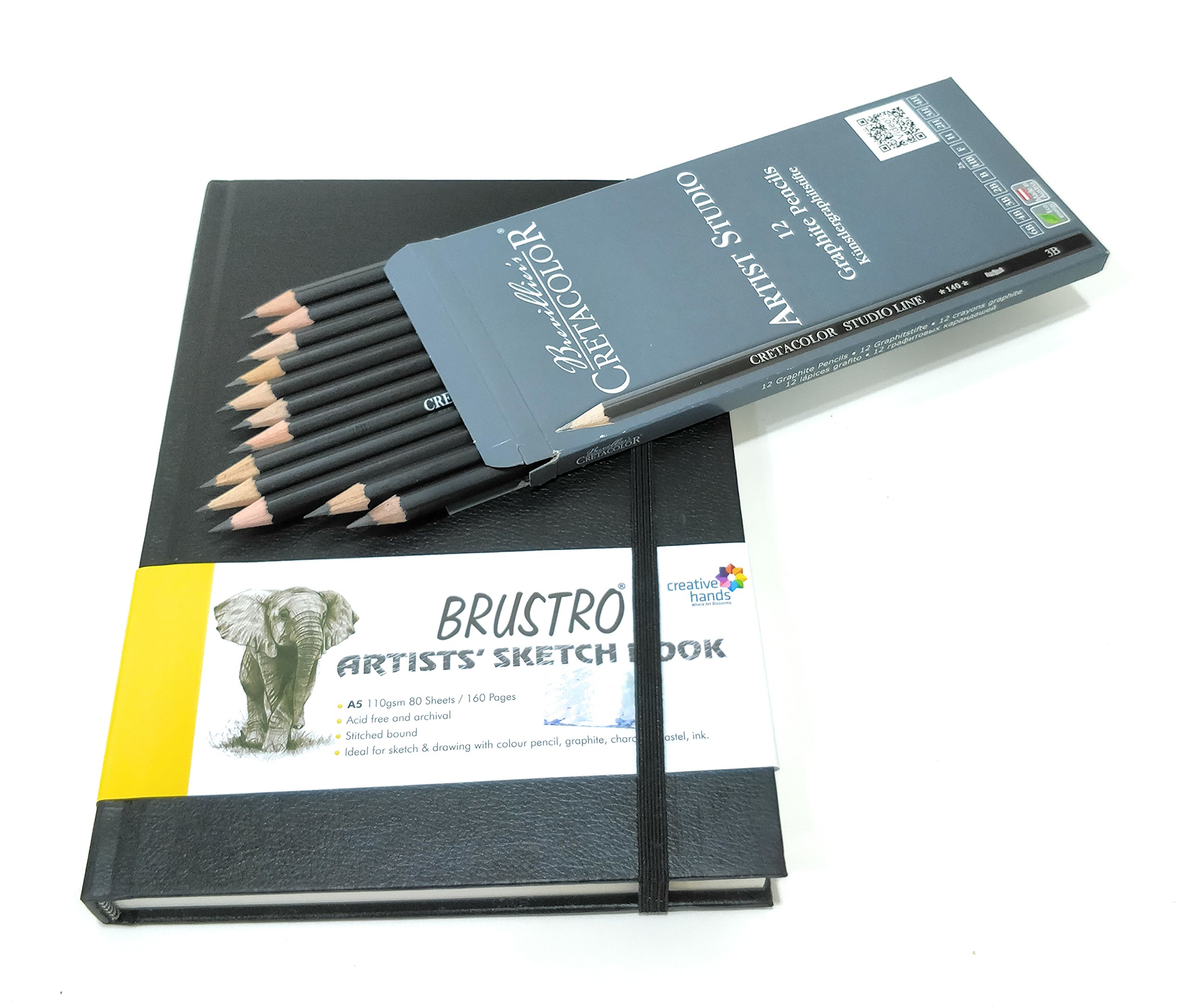 Brustro Stitched Bound A5 Size Artists Sketch Book 110 GSM and Cretacolor Artist Studio Line Graphite Pencil (Pack of 12)
