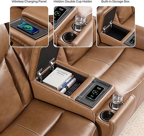 Miniatura 7 de CHITA Sofá reclinable eléctrico de cuero genuino, sofá reclinable de gravedad cero con reposacabezas y consola eléctrica, soporte para tazas,