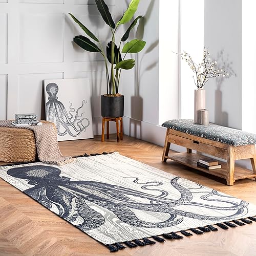 nuLOOM Thomas Paul - Alfombra de tejido plano con borlas de pulpo, 5 x 8 pulgadas, color marfil