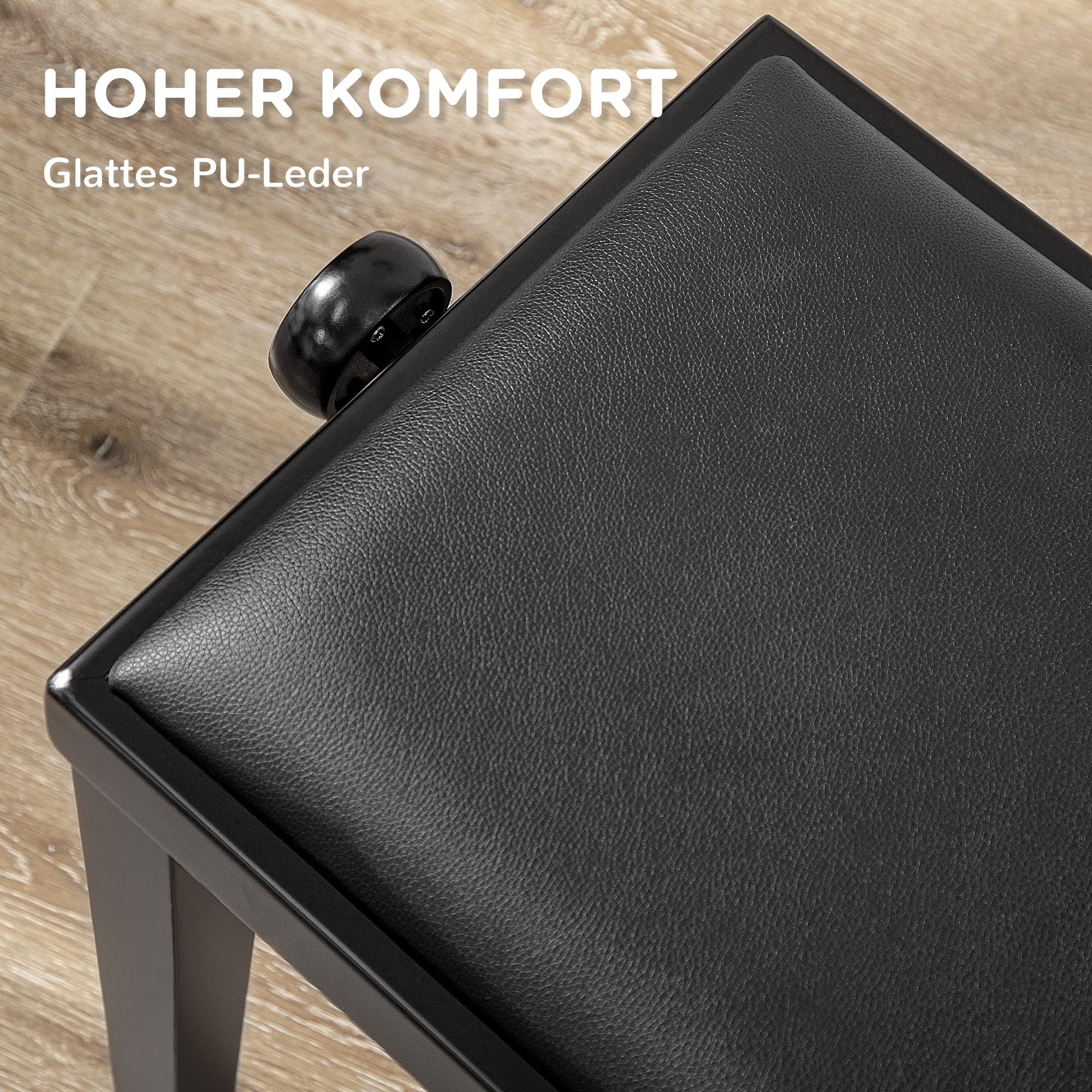 HOMCOM Klavierhocker Höhenverstellbare Klavierbank mit Lederkissen Pianobank Kunstleder Gummiholz Schwarz 63 x 33 x 45-56 cm